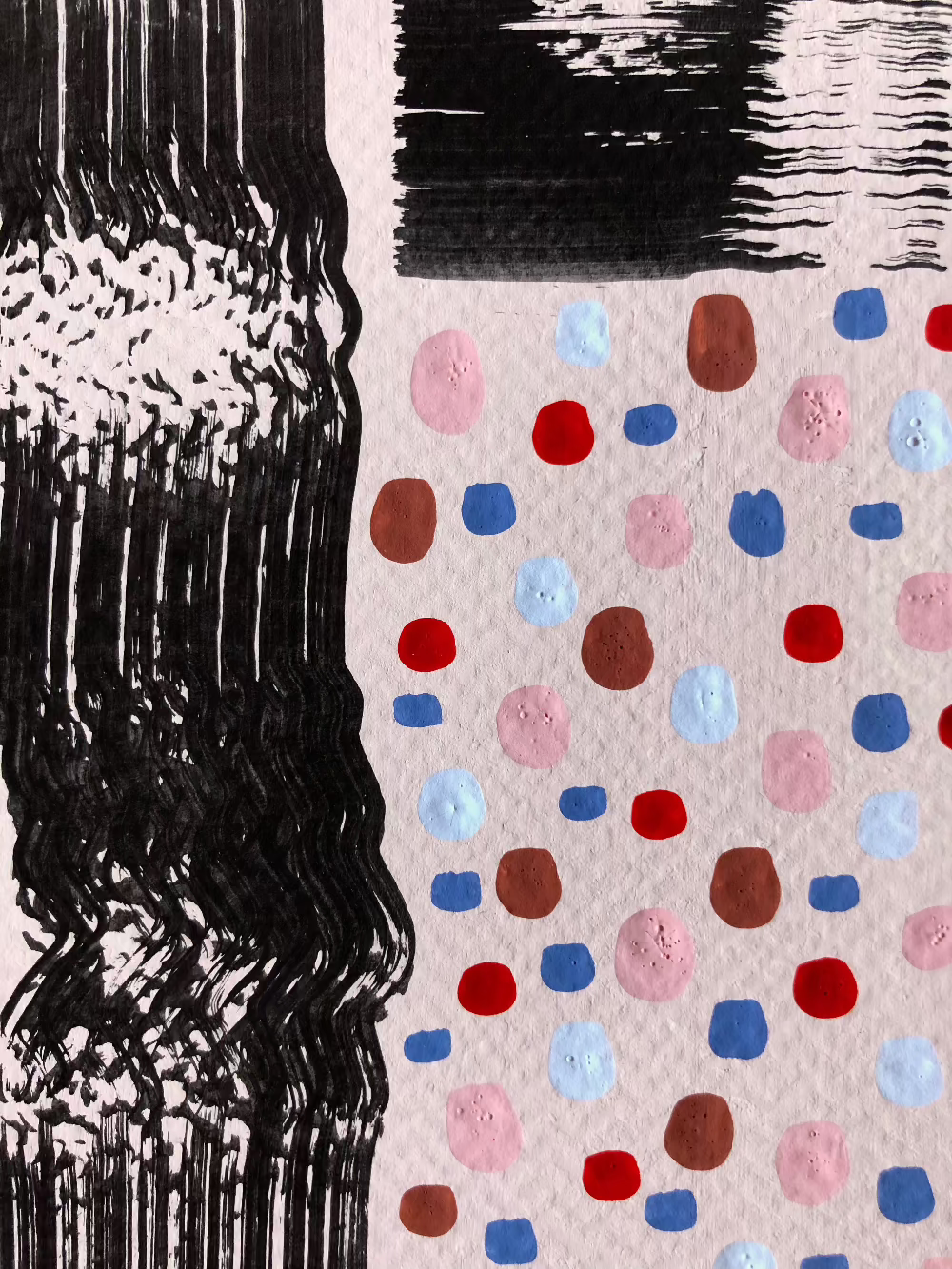 Close up of unframed abstract artwork with bold black squiggly brush strokes