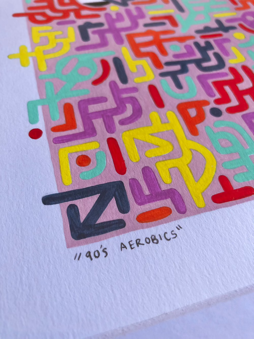 Close up of framed 90's Aerobics gouache pattern artwork with title