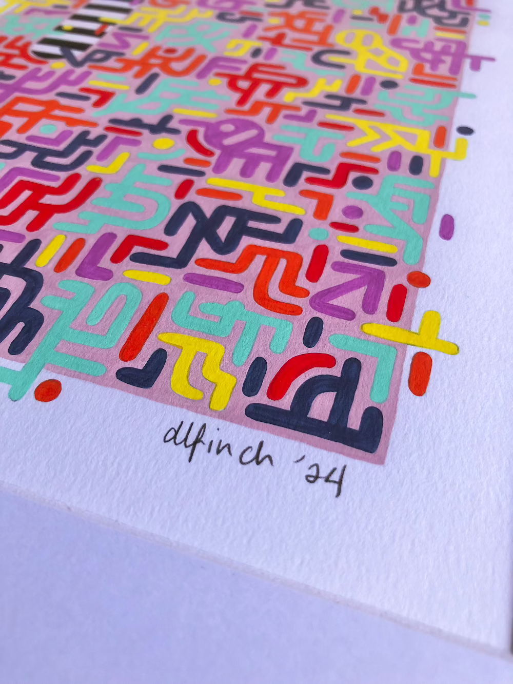 Close up of framed 90's Aerobics gouache pattern artwork with artist signature