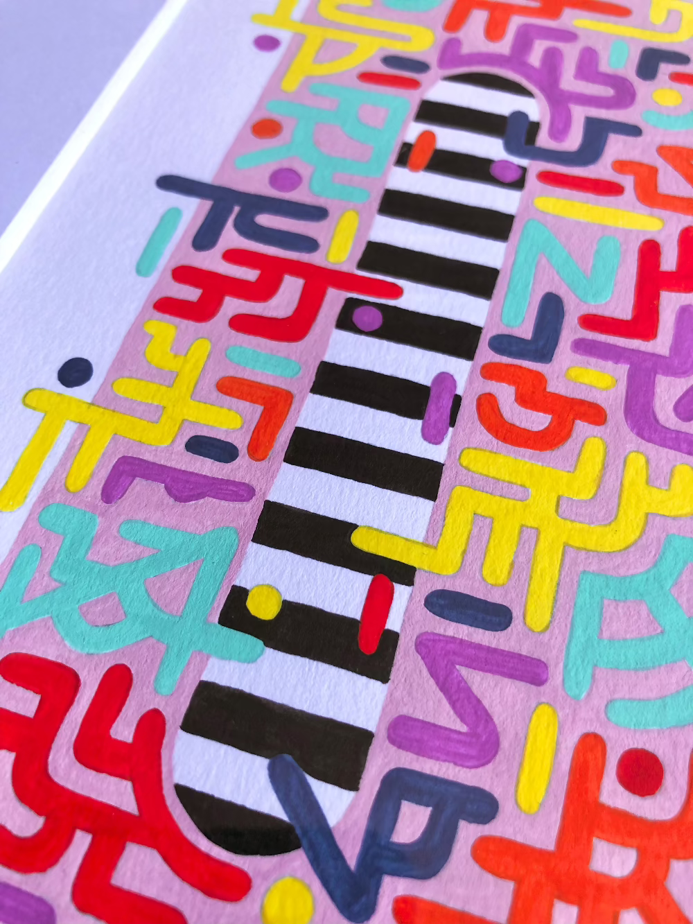 Close up of framed 90's Aerobics gouache pattern artwork with black and white stripes