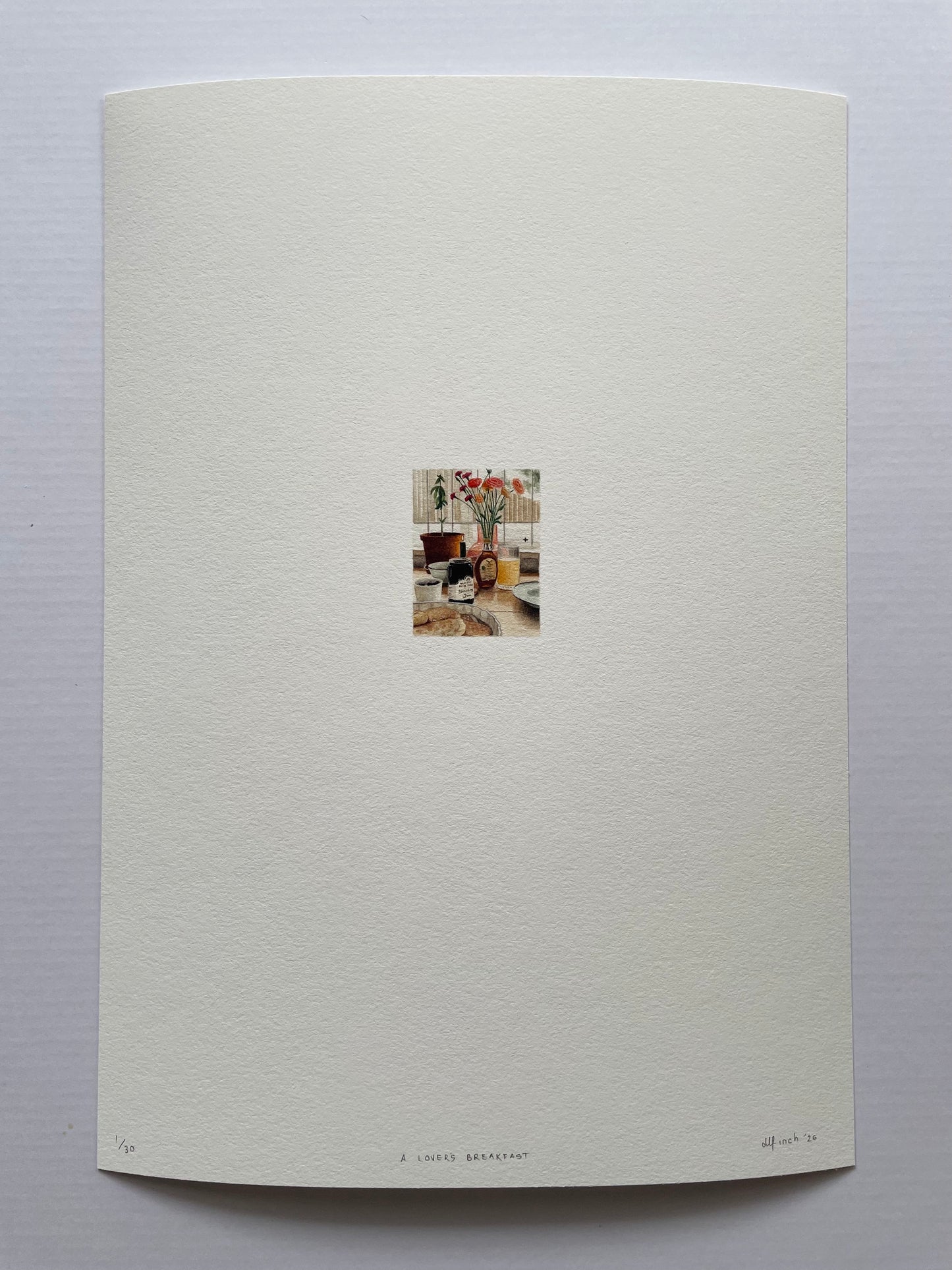 Breakfast scene printed on Felix Schoeller True Rag Etching 310gsm museum-grade cotton paper.