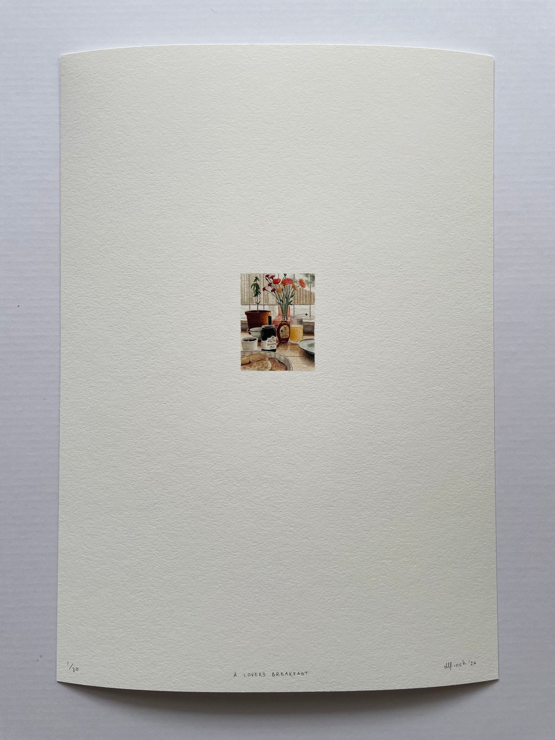 Breakfast scene printed on Felix Schoeller True Rag Etching 310gsm museum-grade cotton paper.