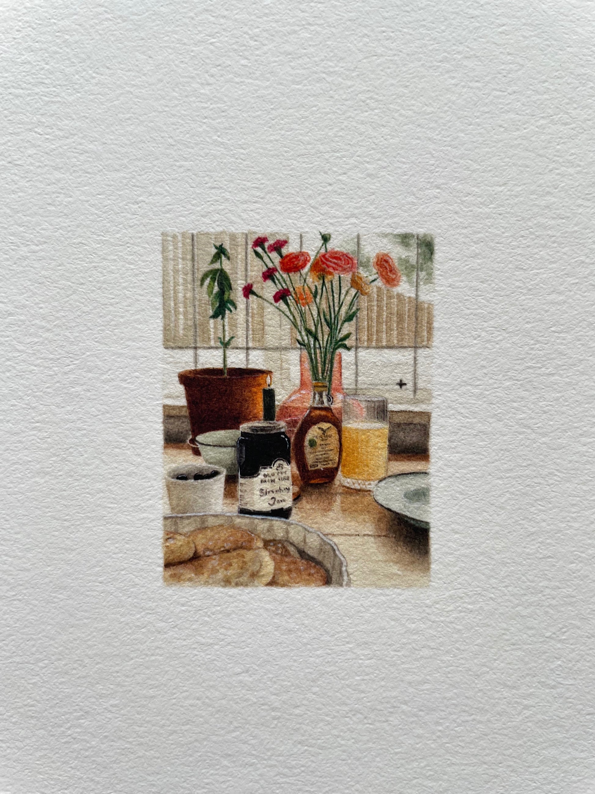 Breakfast scene closeup printed on Felix Schoeller True Rag Etching 310gsm museum-grade cotton paper.