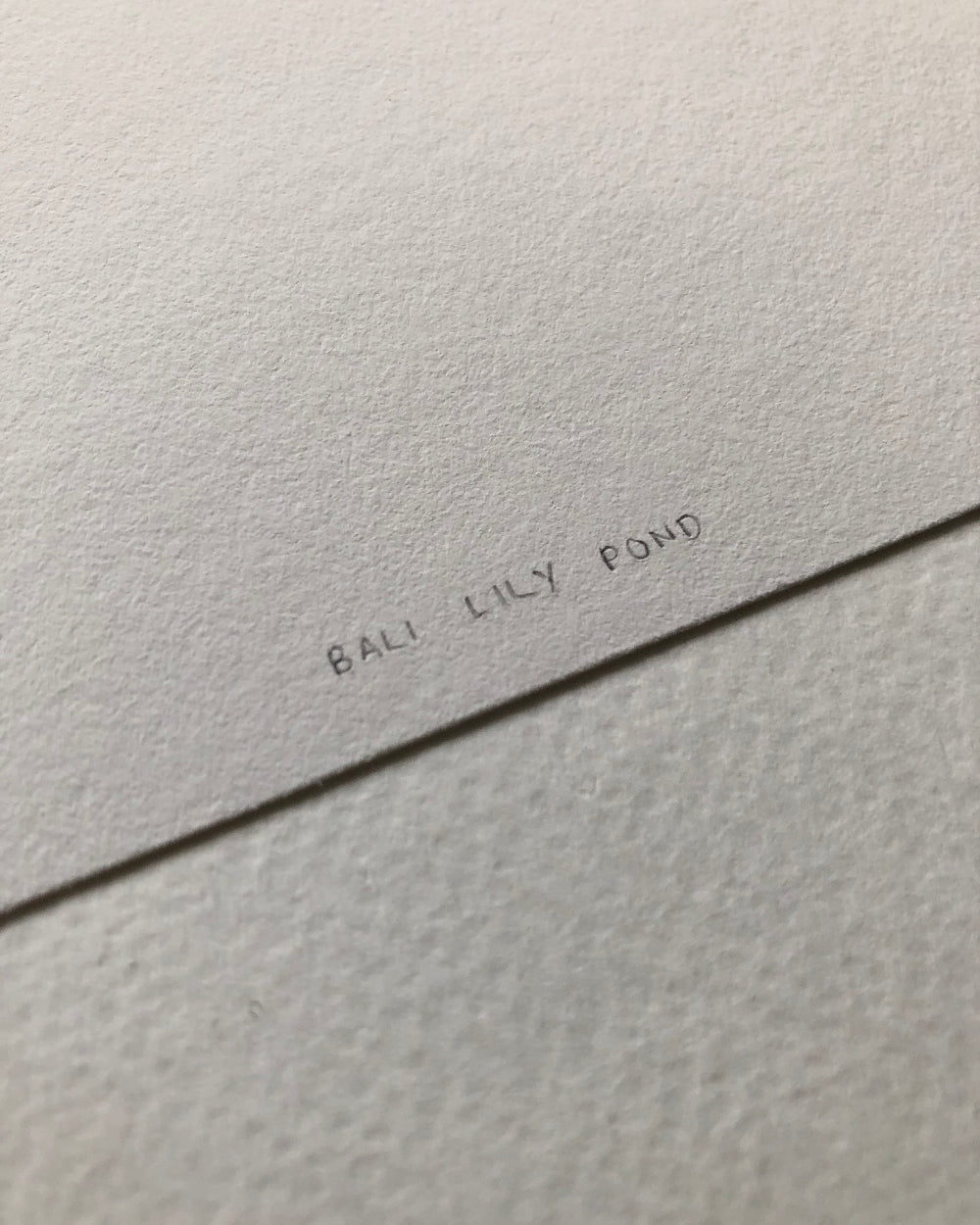 A close-up of textured white paper with the words 'BALI LILY POND' written in small lettering.