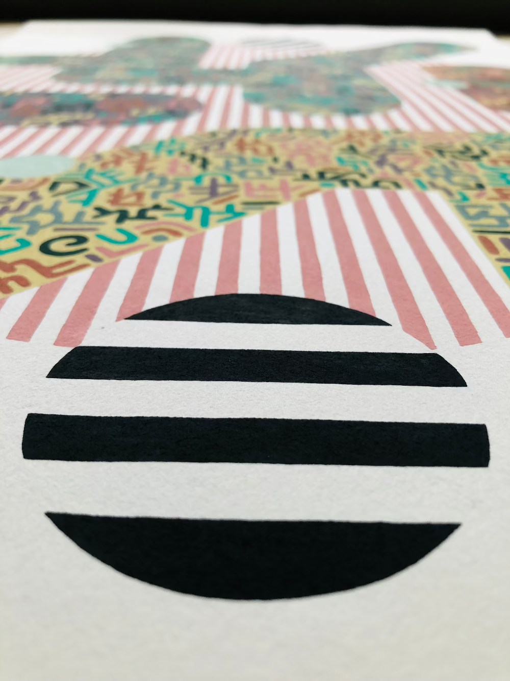 Close up of Candy Stripe gouache pattern artwork with black and white striped circle
