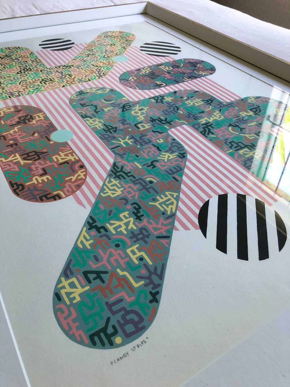 Candy Stripe gouache pattern artwork, framed with title