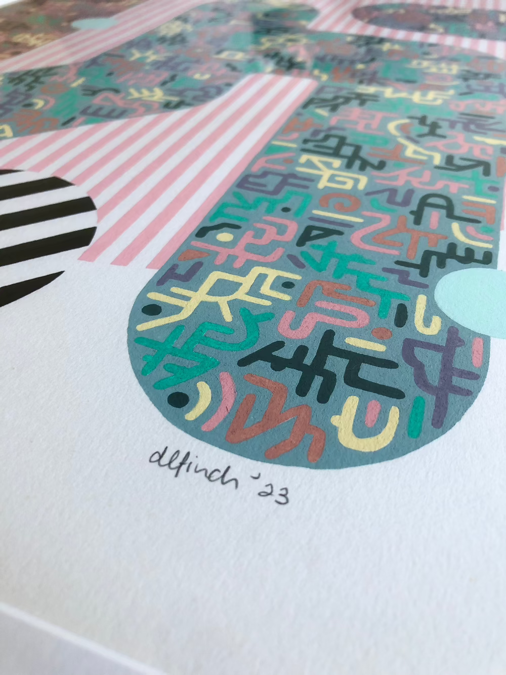 Close up of Candy Stripe gouache pattern artwork with artist signature