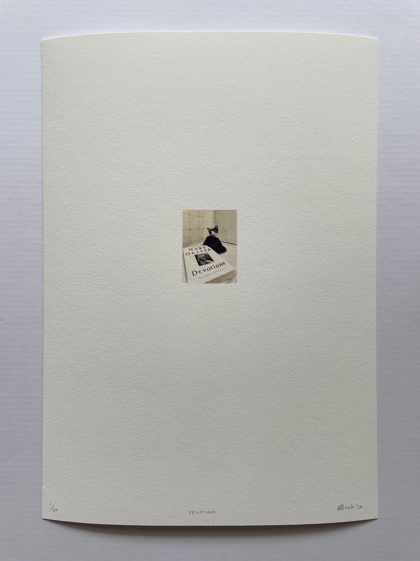 A kitten lying next to a poem book scene printed on Felix Schoeller True Rag Etching 310gsm museum-grade cotton paper.