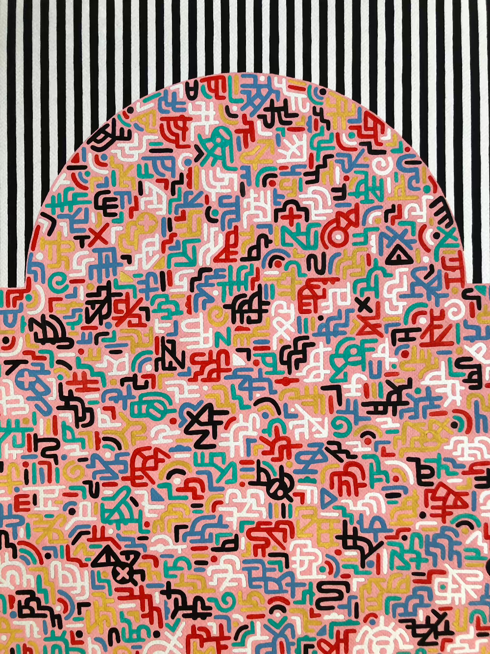 Divine Delight artwork with bold black and white pin stripe design.