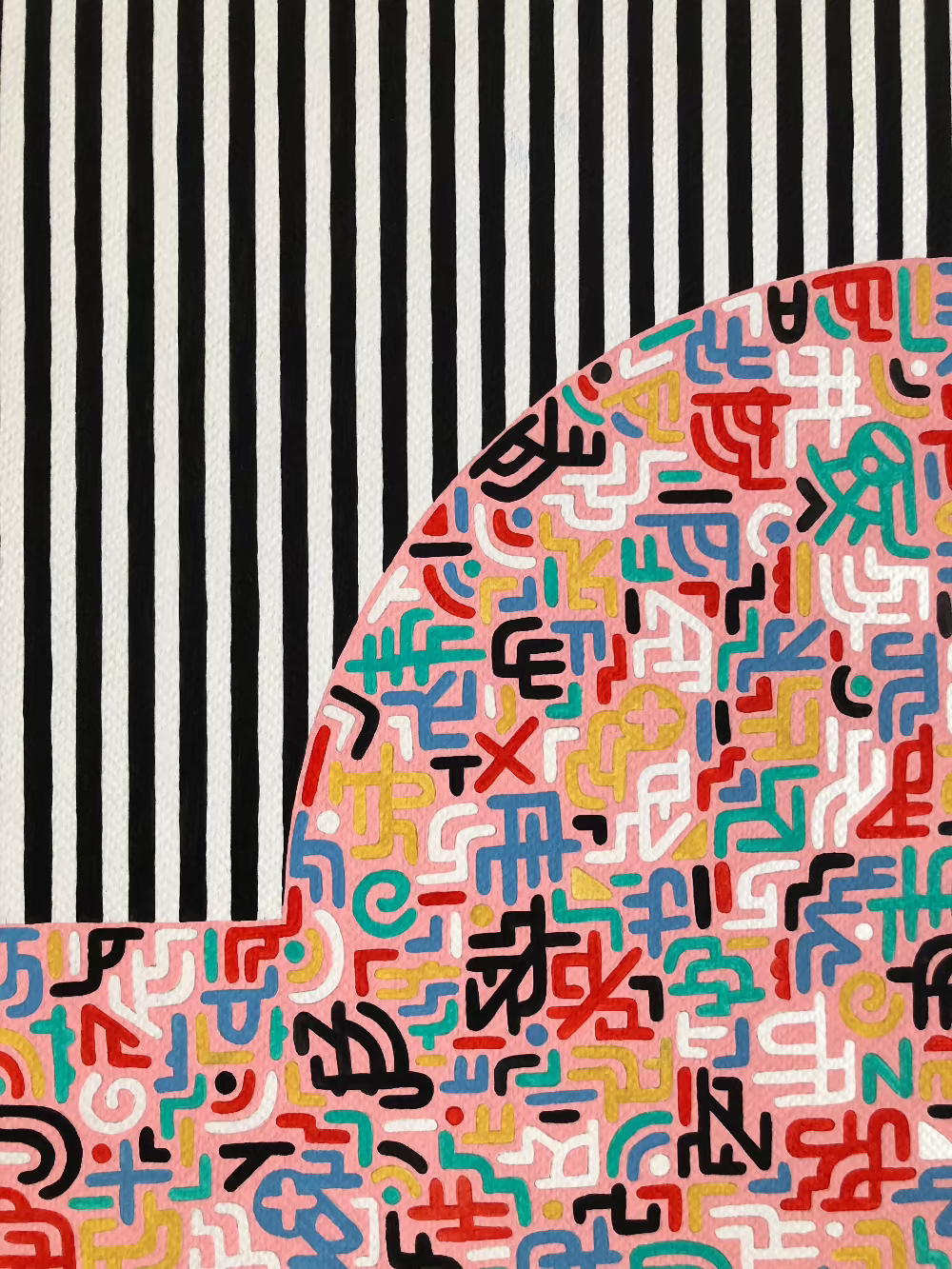 Divine Delight artwork with bold black and white pin stripe design and colourful shapes.