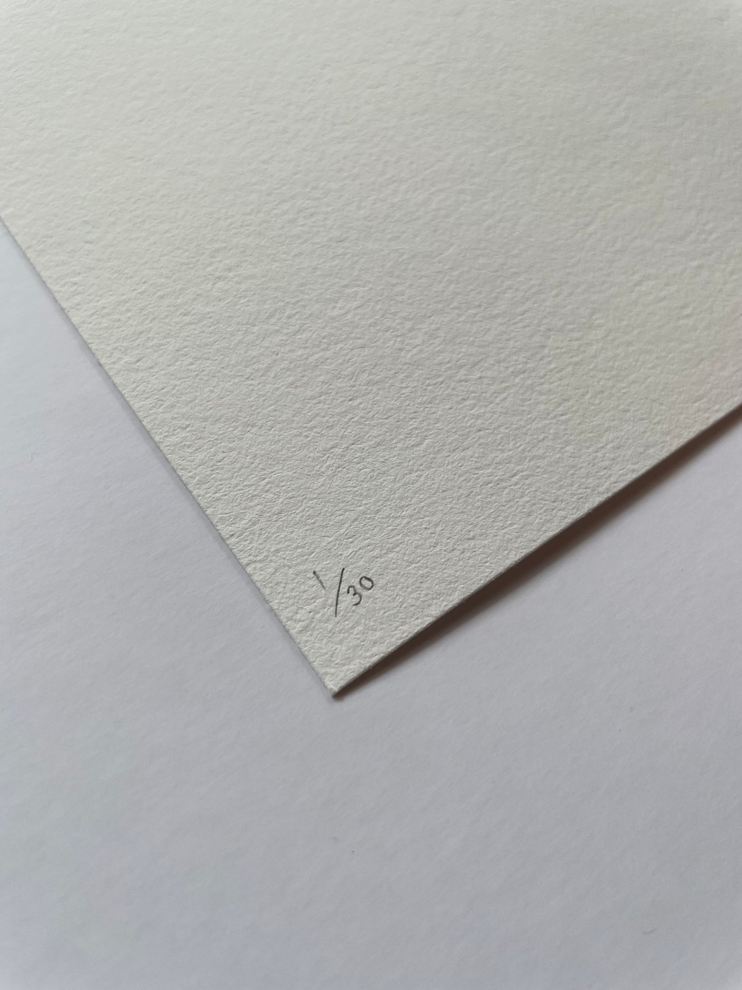 Close-up of light textured paper with '1/30' written on it