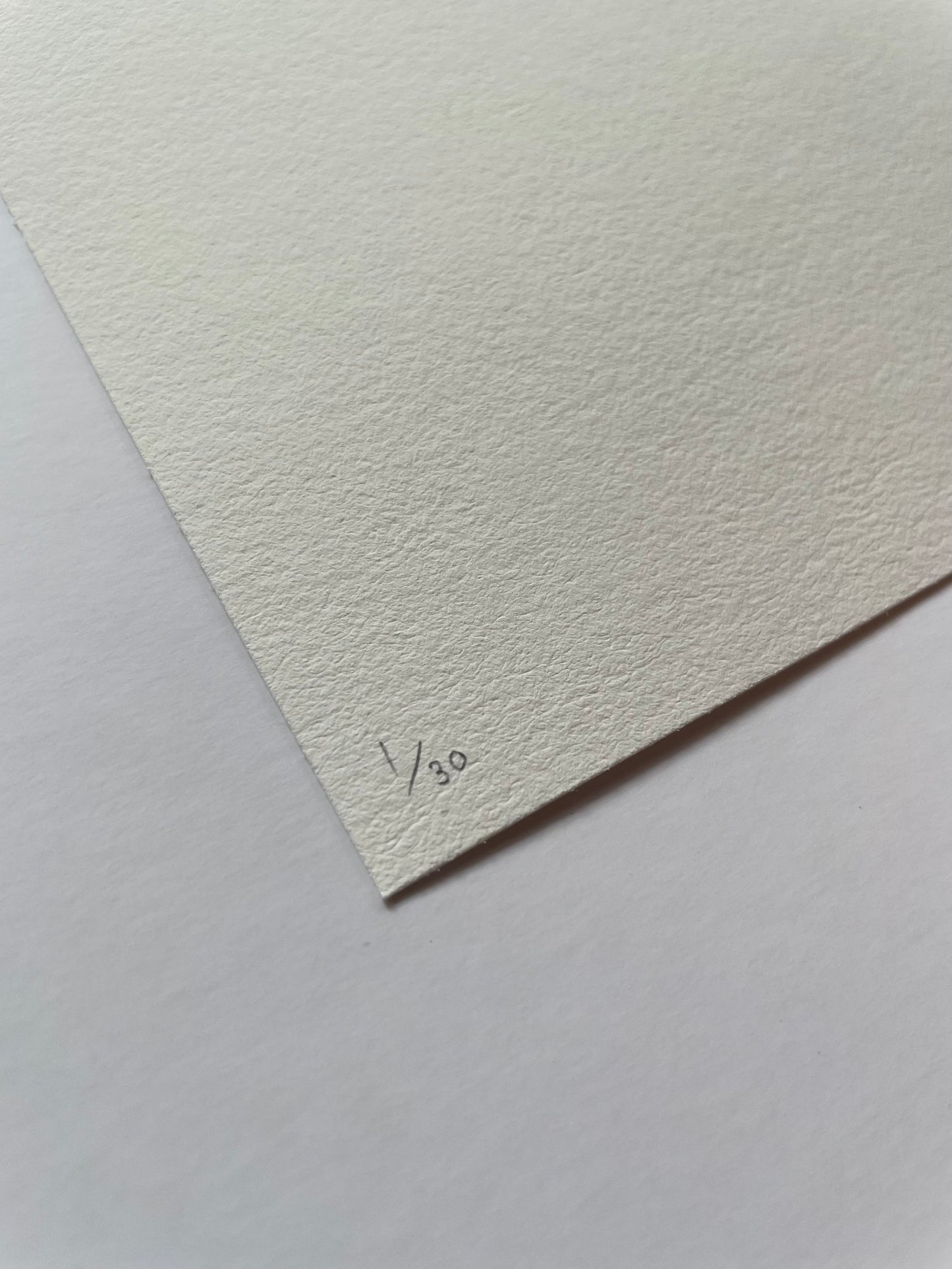 Close-up of light textured paper corner with '1/30' written on it
