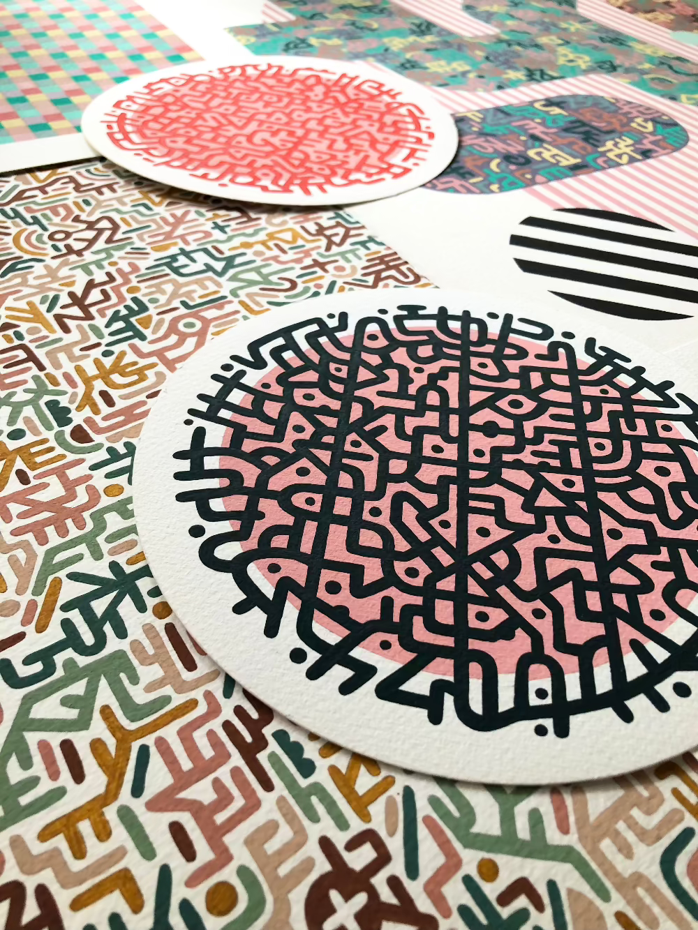 Gouache artworks of obscure shapes and playful colours.