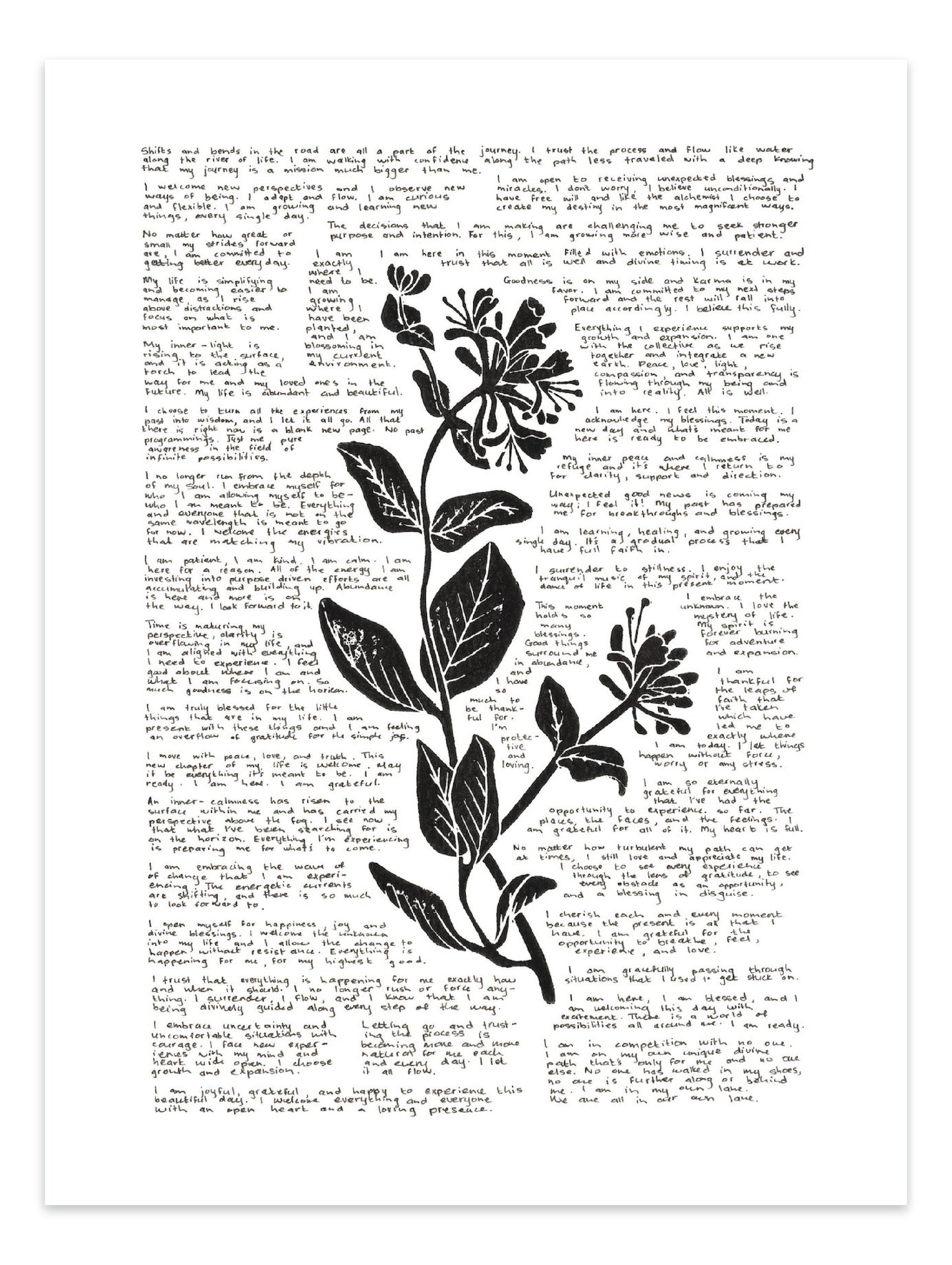 Lino print of a honeysuckle flower surrounded by tiny handwritten positive affirmations.