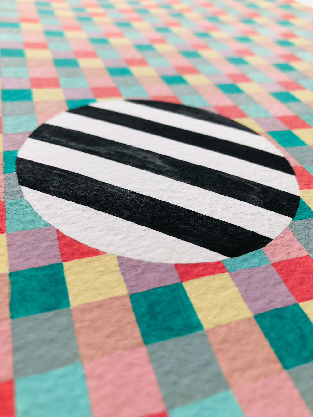 Close up of Left Overs gouache artwork unframed with black and white stripes.