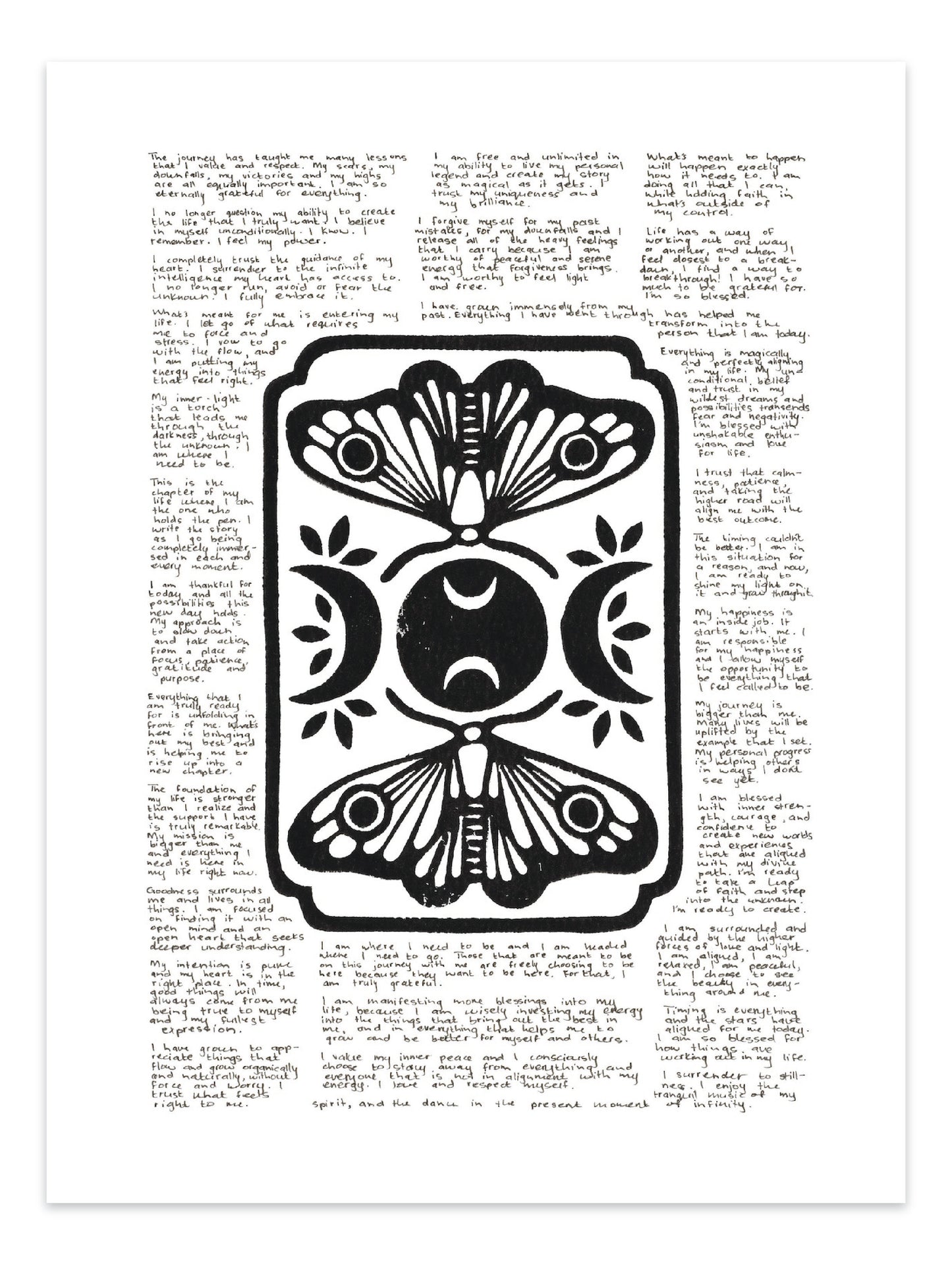 Lino print of moths and moons surrounded by tiny handwritten positive affirmations.