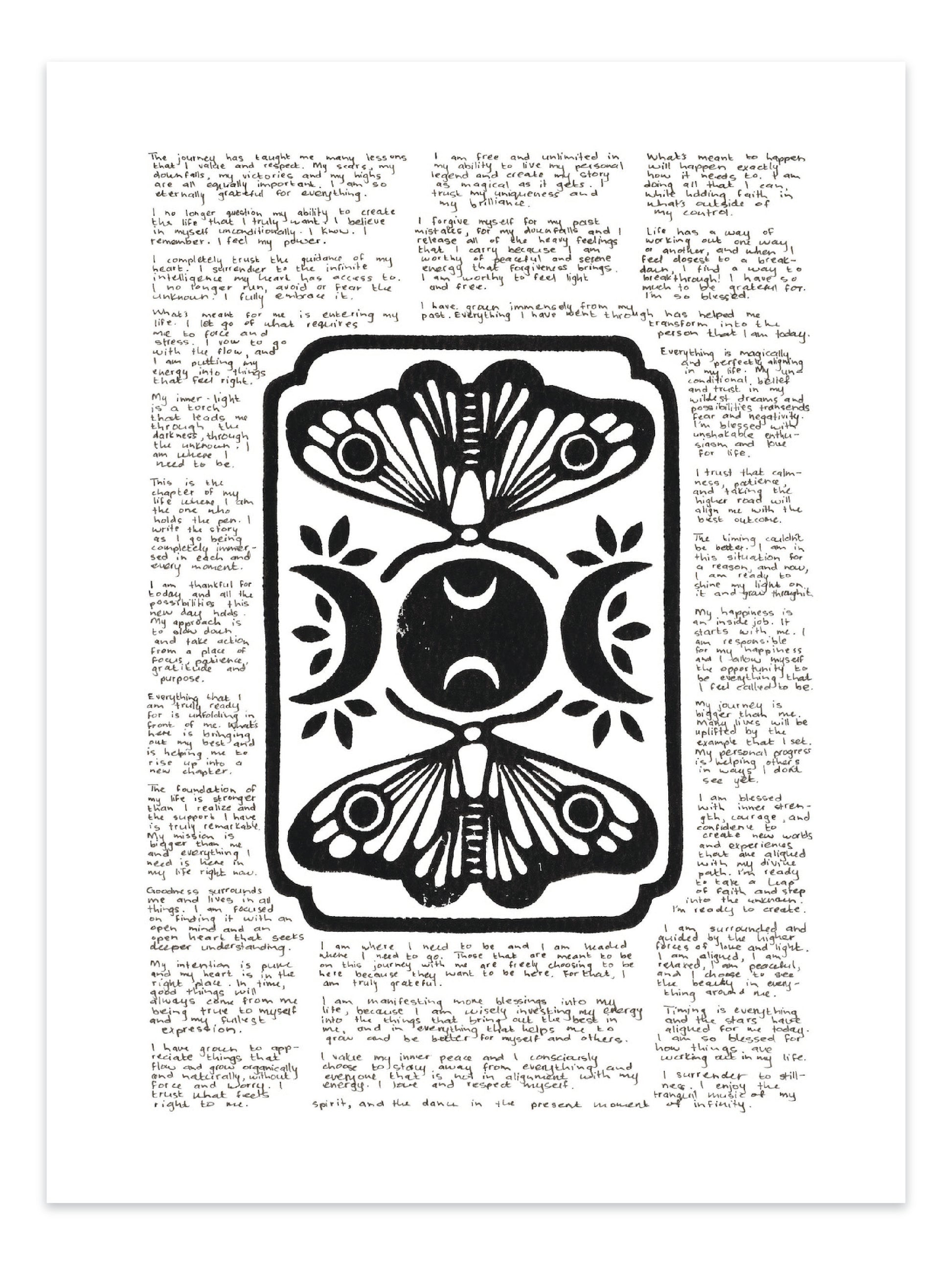 Lino print of moths and moons surrounded by tiny handwritten positive affirmations.