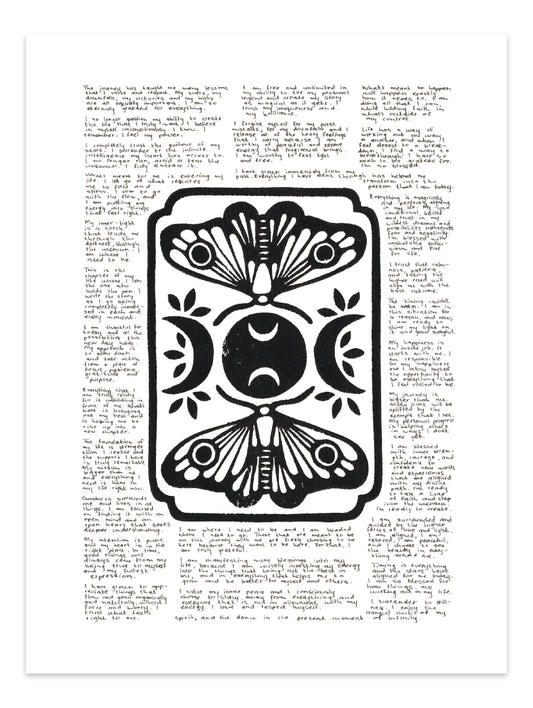 Lino print of moths and moons surrounded by tiny handwritten positive affirmations.
