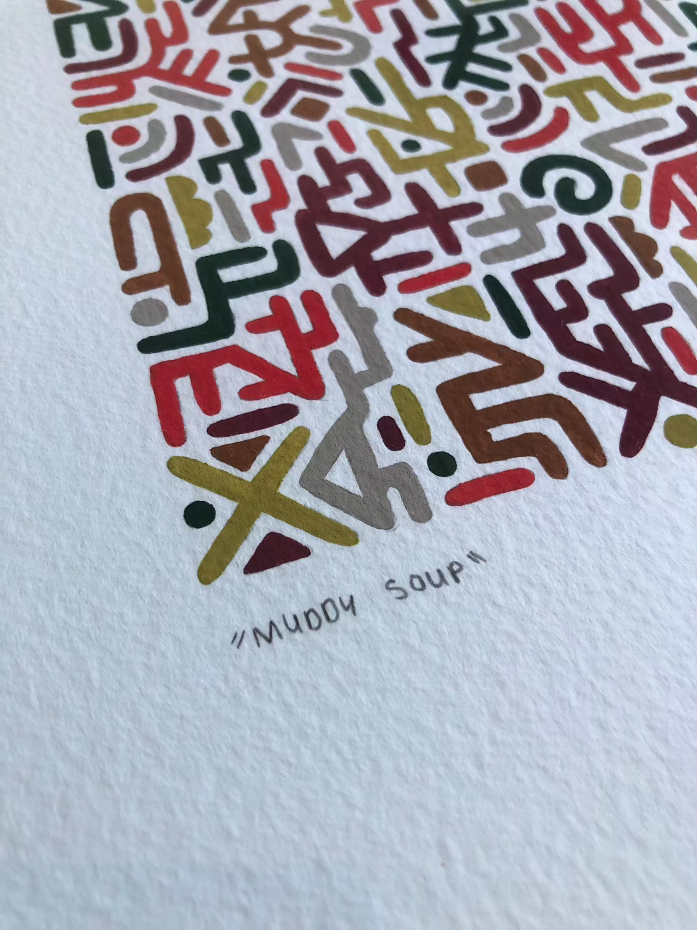 Close up of Muddy Soup gouache pattern artwork with title