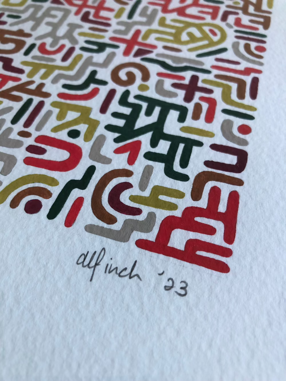 Close up of Muddy Soup gouache pattern artwork with artist signature