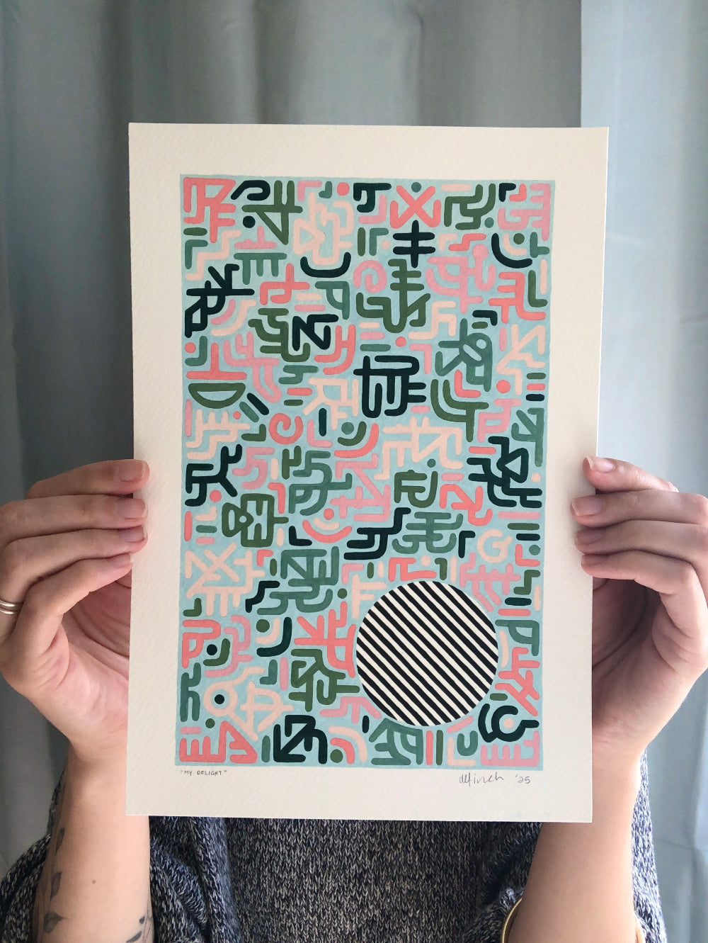 My Delight Gouache artwork with green and pink colour palette help by artist for size reference