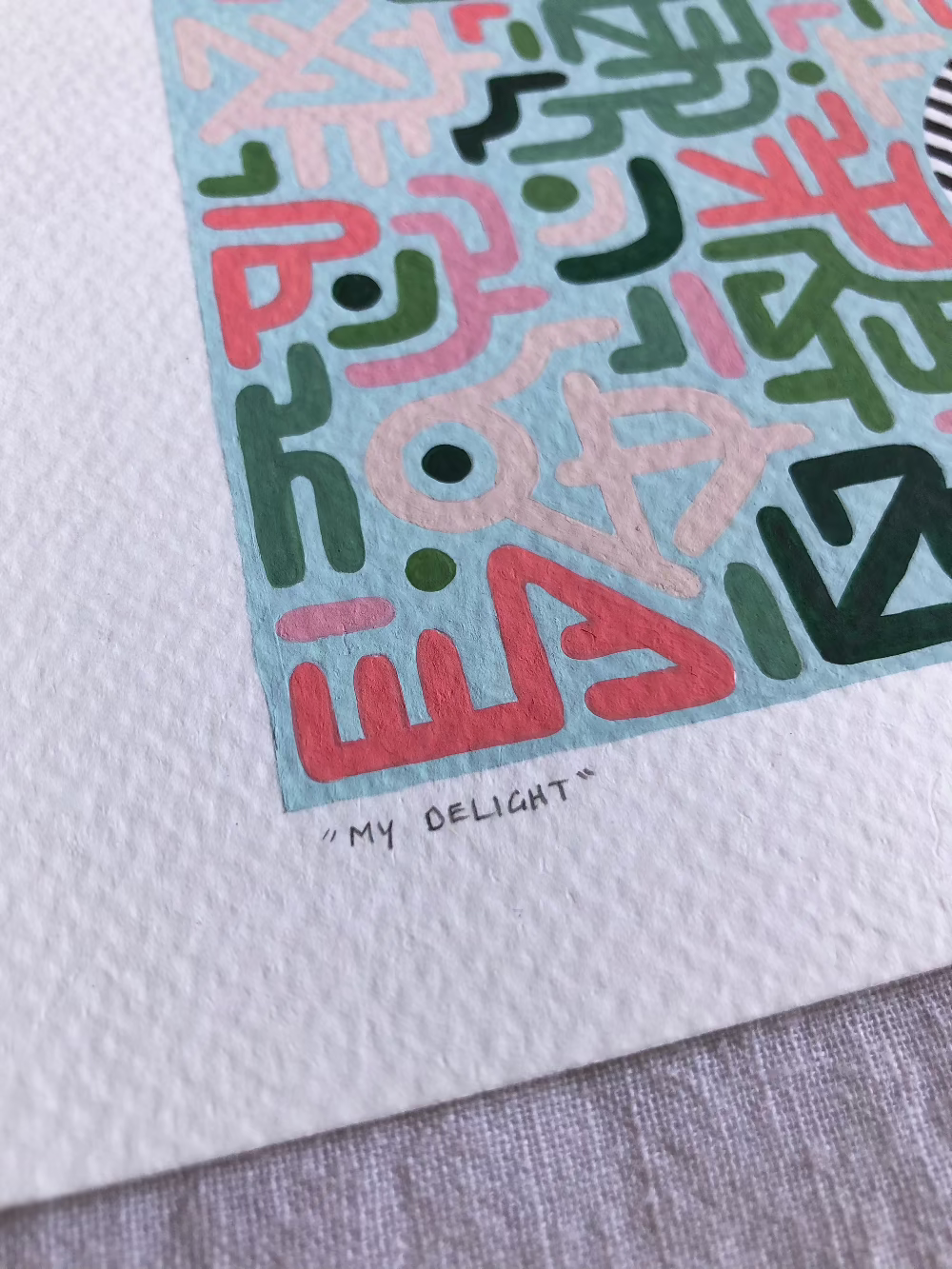 Close up of My Delight gouache artwork with title