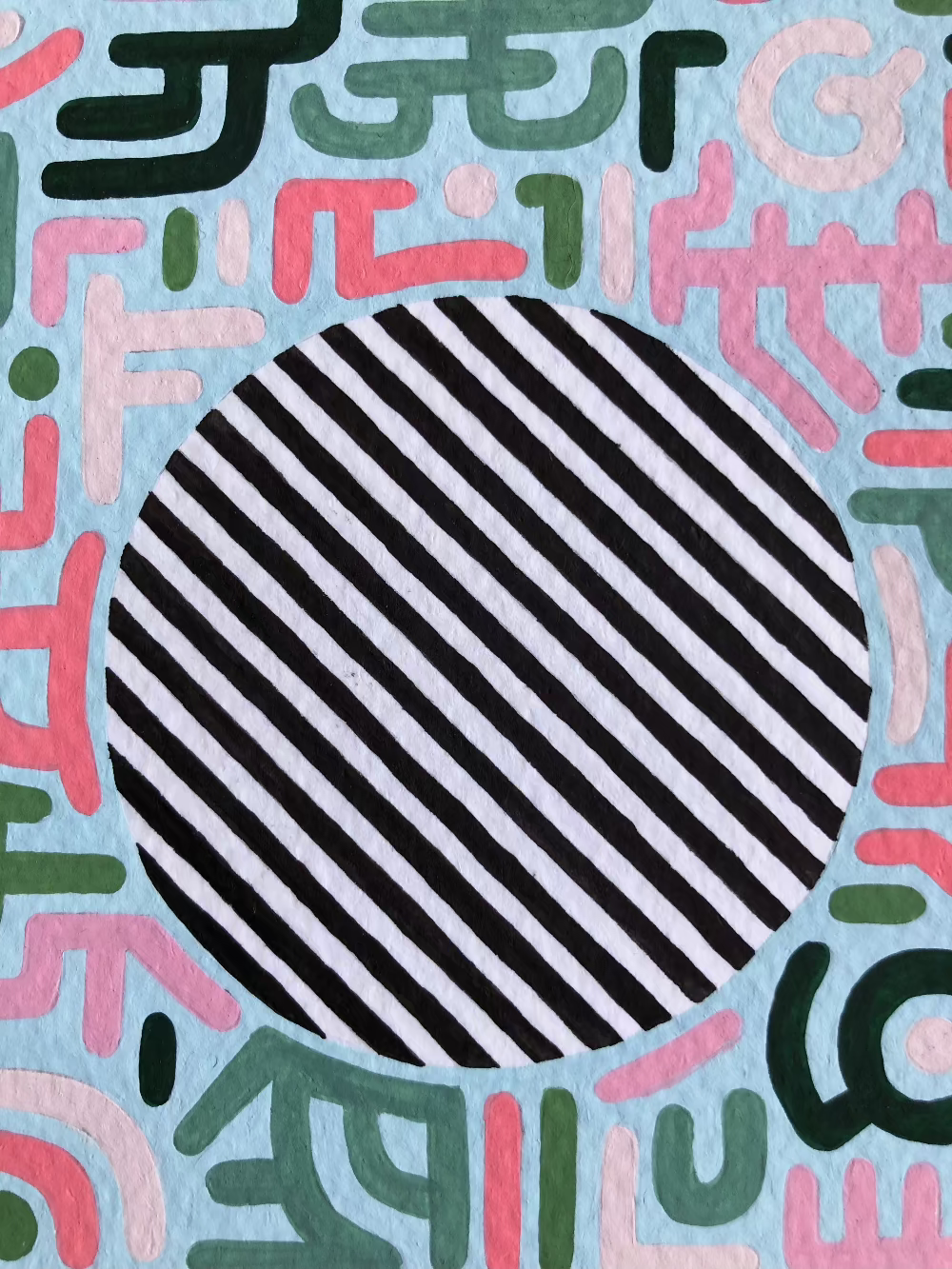 Close up of My Delight gouache artwork with black and white pin stripes