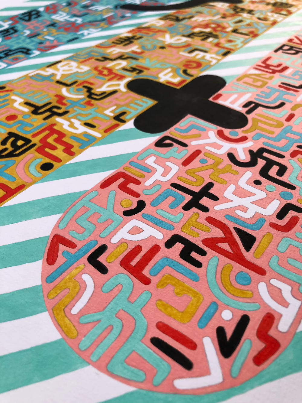 Close up of Play Time gouache pattern artwork and colour palette