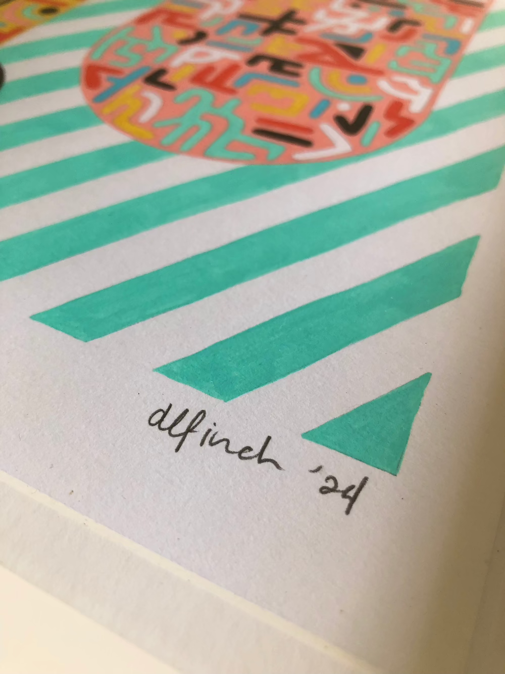 Close up of Play Time gouache pattern artwork with artist signature