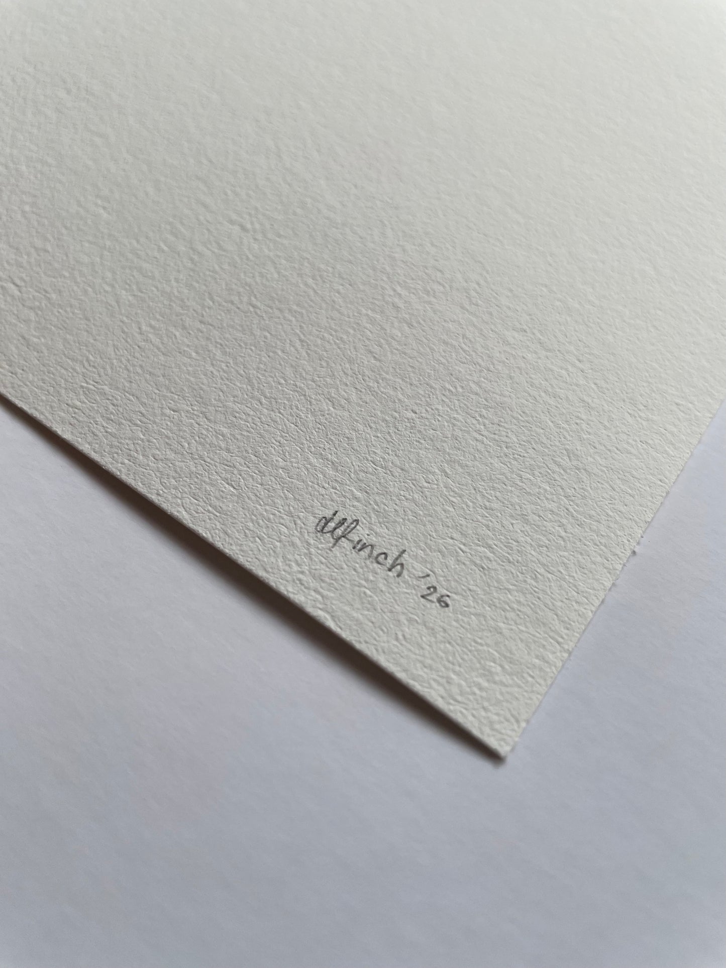 Close-up of light textured paper with 'dlfinch '26' written on it.