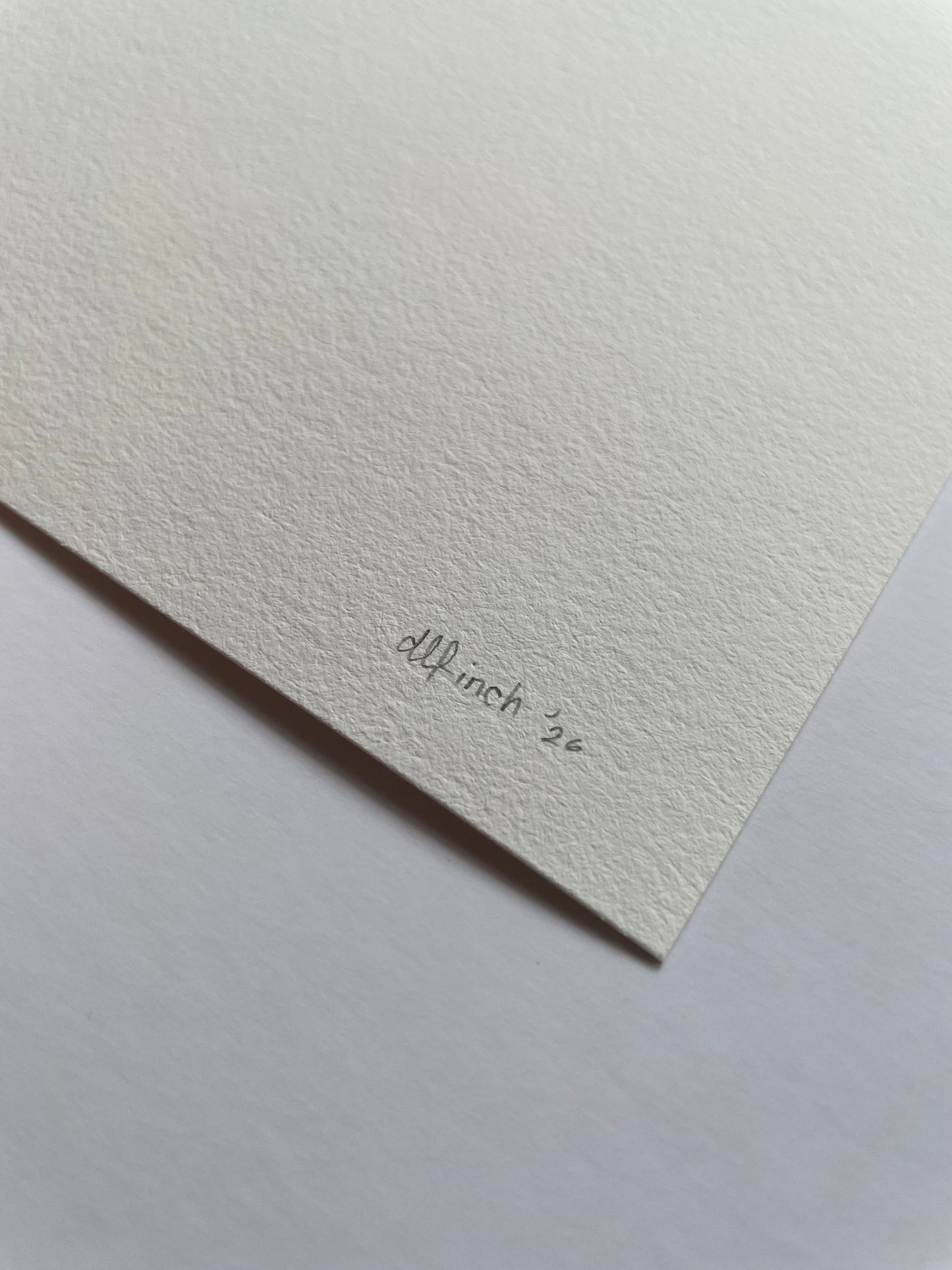 Close-up of light textured paper with 'dlfinch '26' written on it