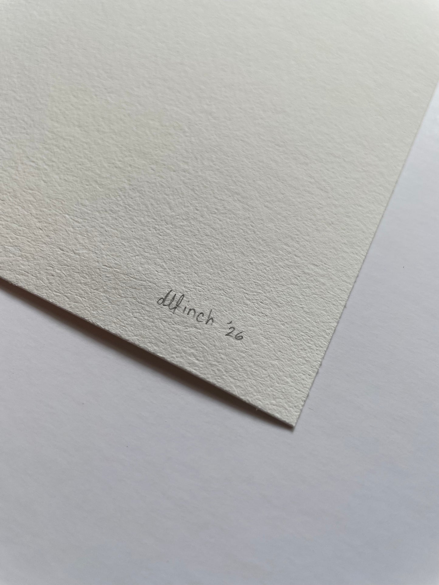 Corner of light textured paper with 'dlfinch '26' written on it
