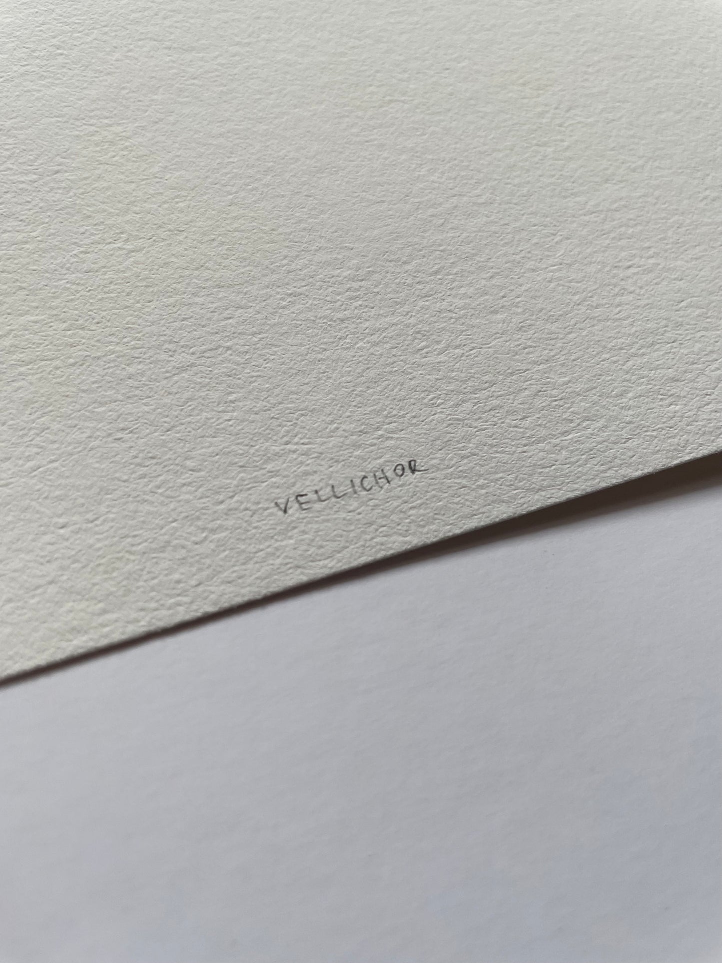 Close-up of light textured paper with 'Vellichor' written on it