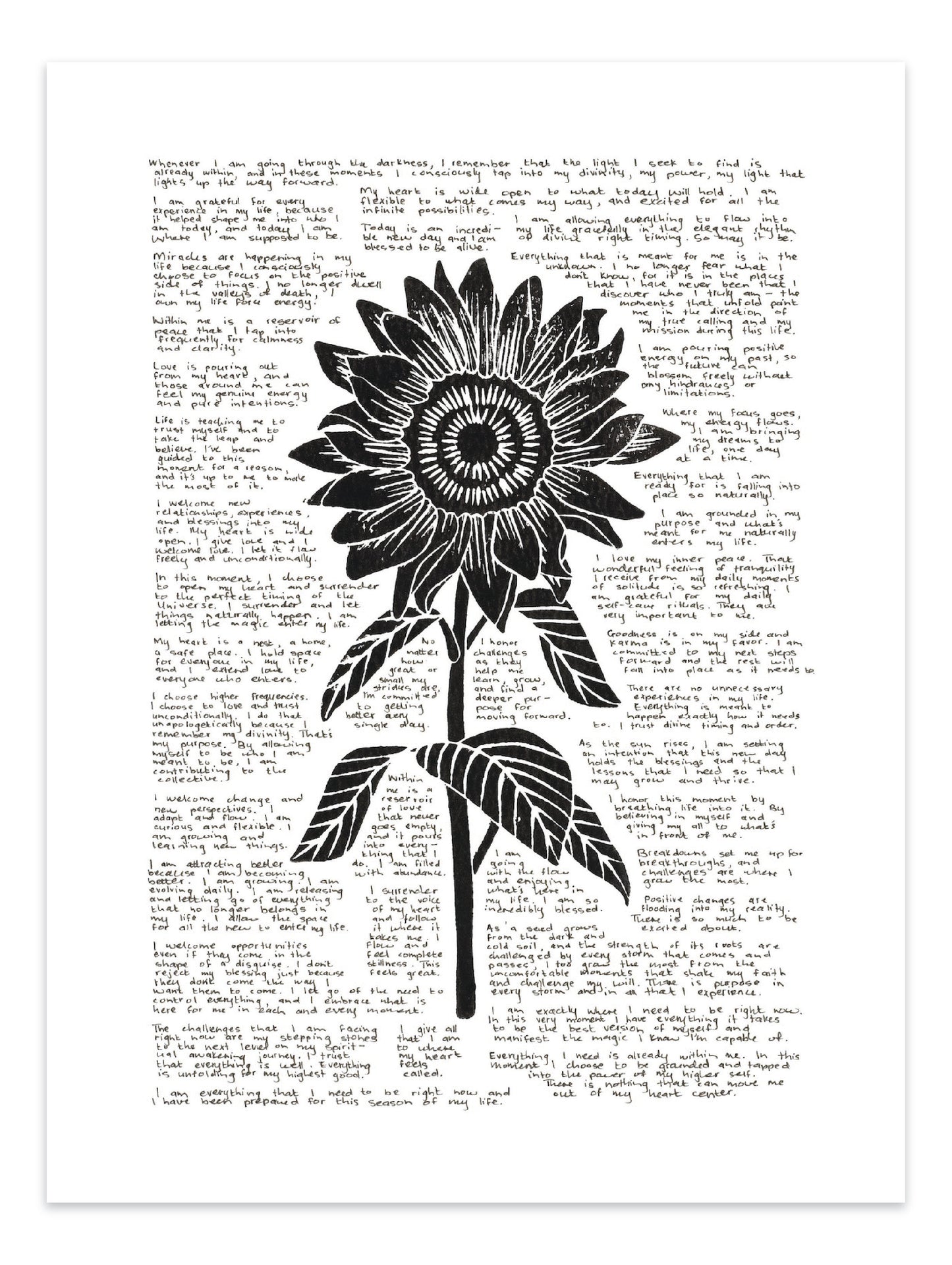 Lino print of a sunflower surrounded by tiny handwritten positive affirmations.