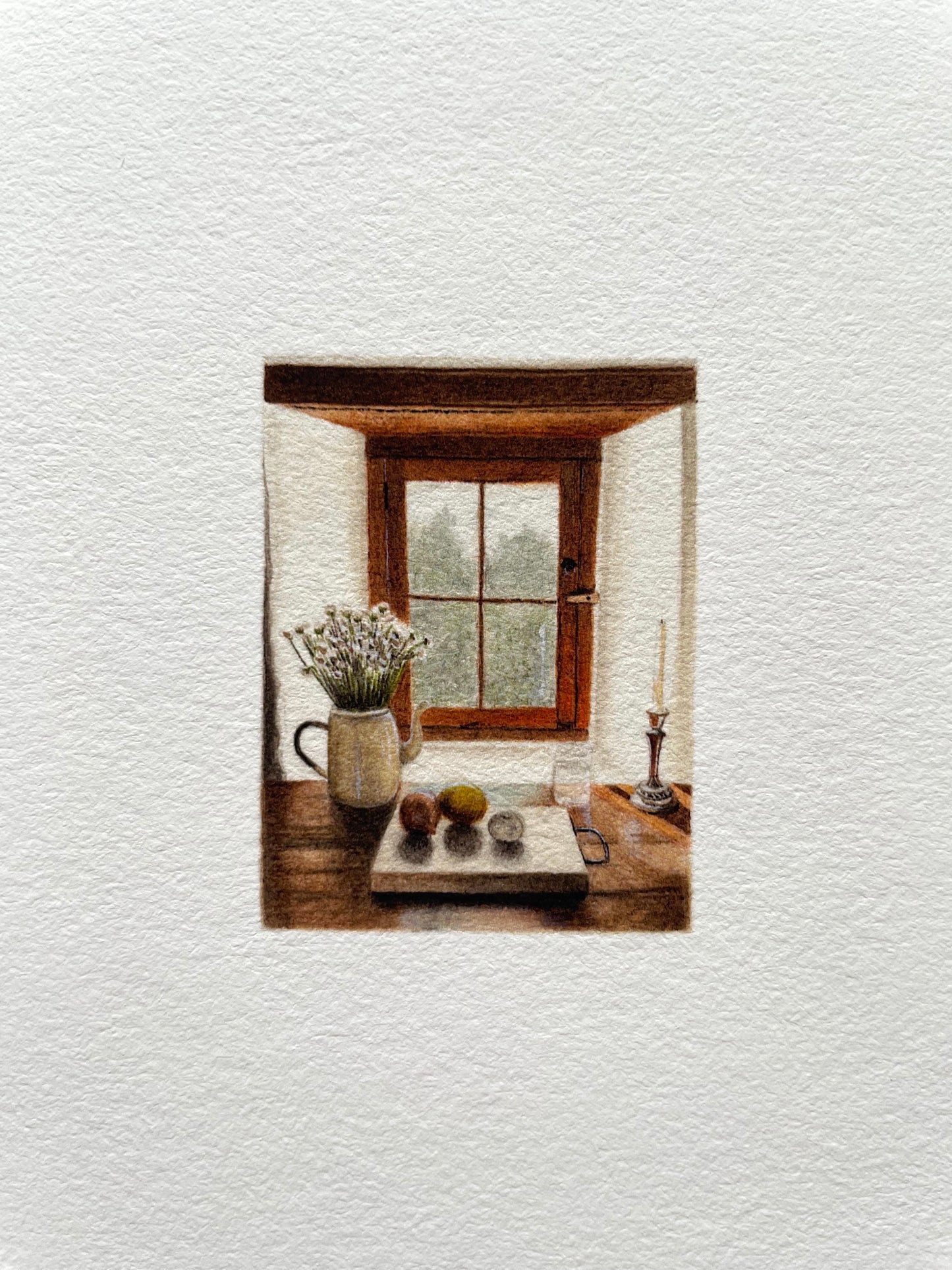 A closeup of a kitchen cottage window scene printed on Felix Schoeller True Rag Etching 310gsm museum-grade cotton paper.