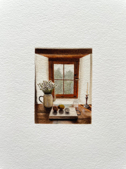 A closeup of a kitchen cottage window scene printed on Felix Schoeller True Rag Etching 310gsm museum-grade cotton paper.