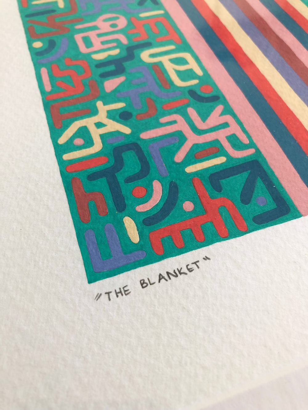 Close up of The Blanket gouache pattern artwork with title