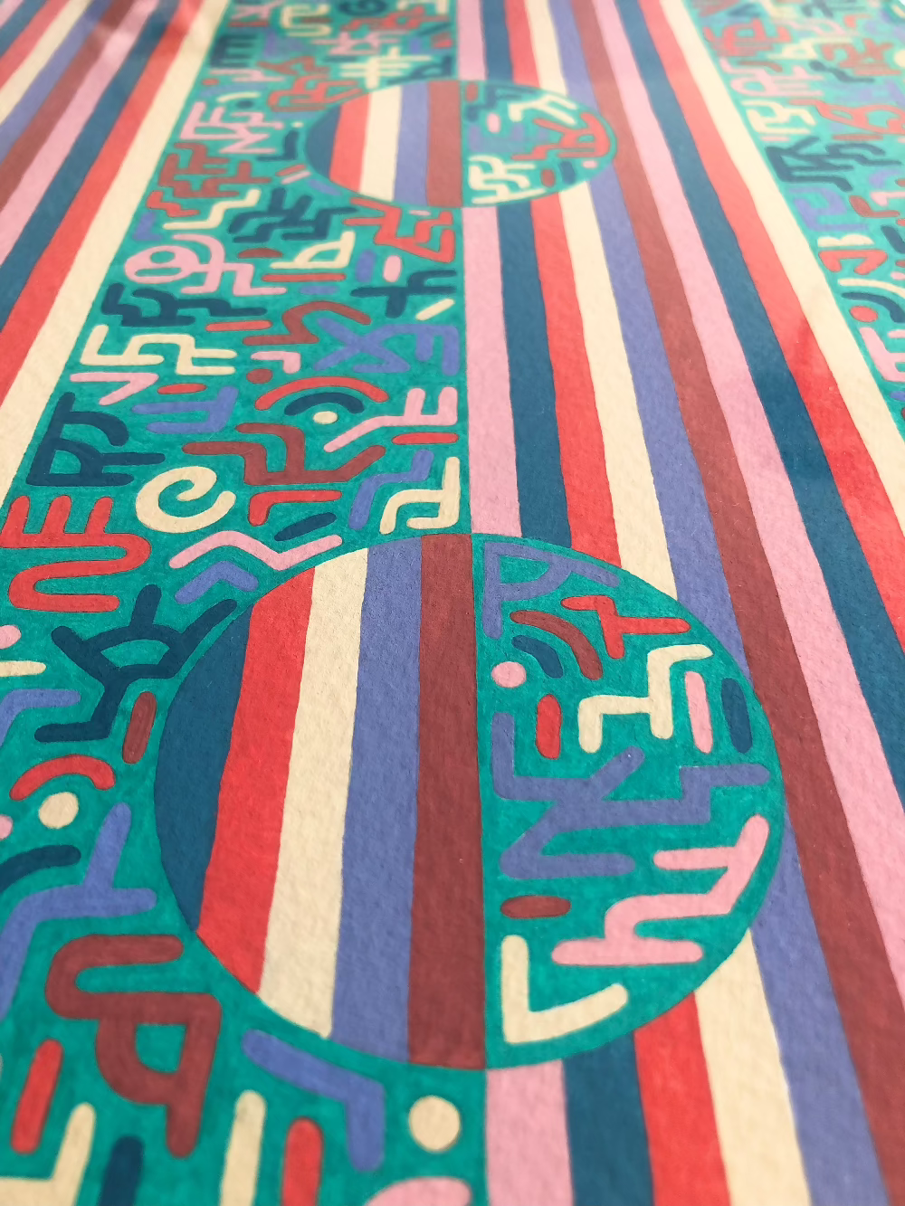 Close up of The Blanket gouache pattern artwork with stripes