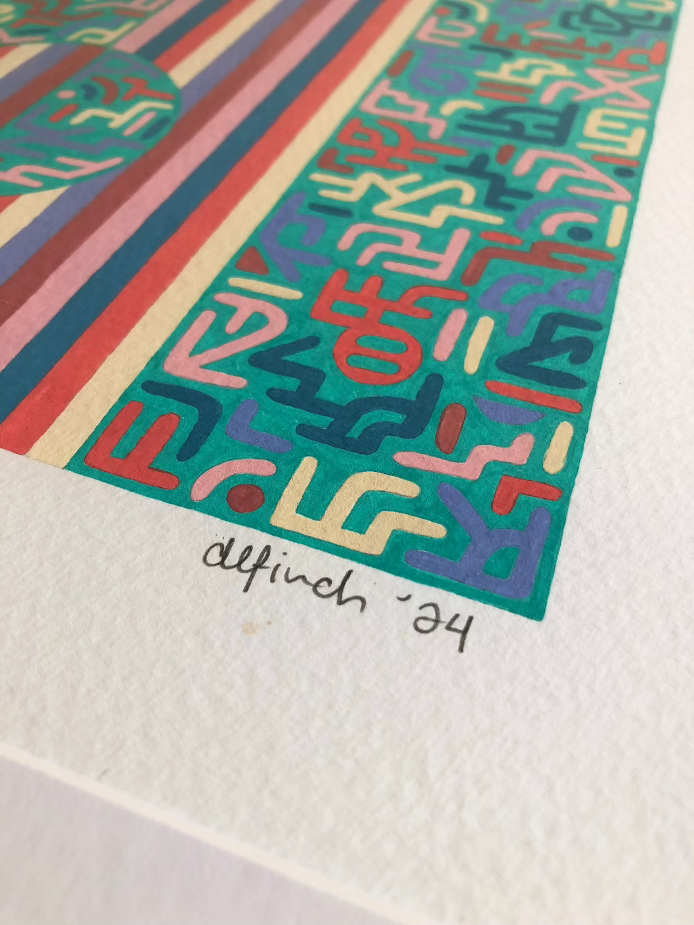 Close up of The Blanket gouache pattern artwork with artist signature