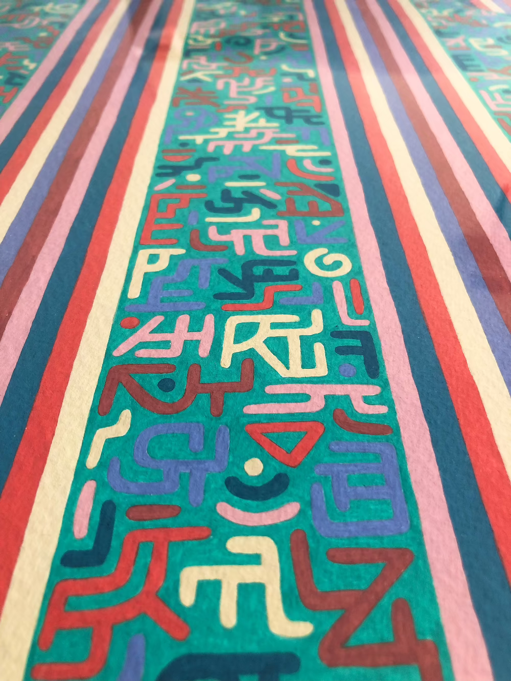 Close up of The Blanket gouache pattern artwork with colour palette