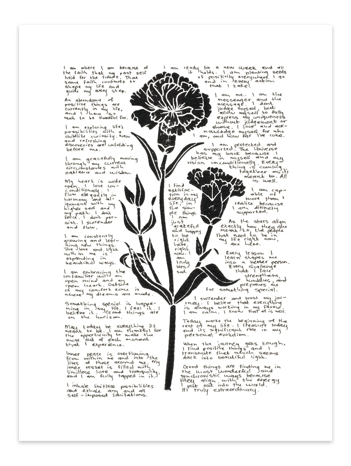 Black lino print of a carnation flower surrounded with tiny handwritten positive affirmations 