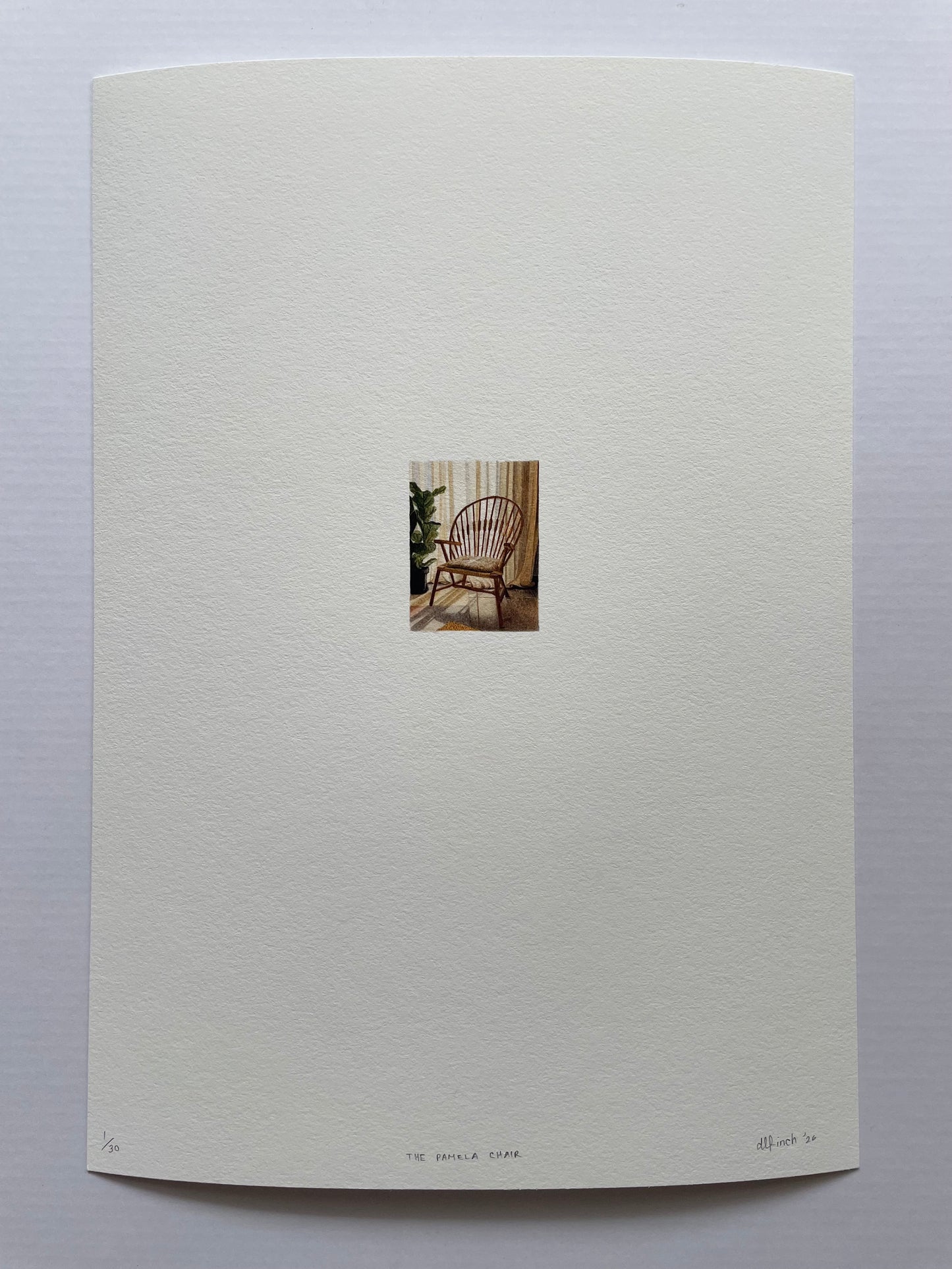 Wooden chair with a cushion in a room with curtains and a plant and sun filtering through print