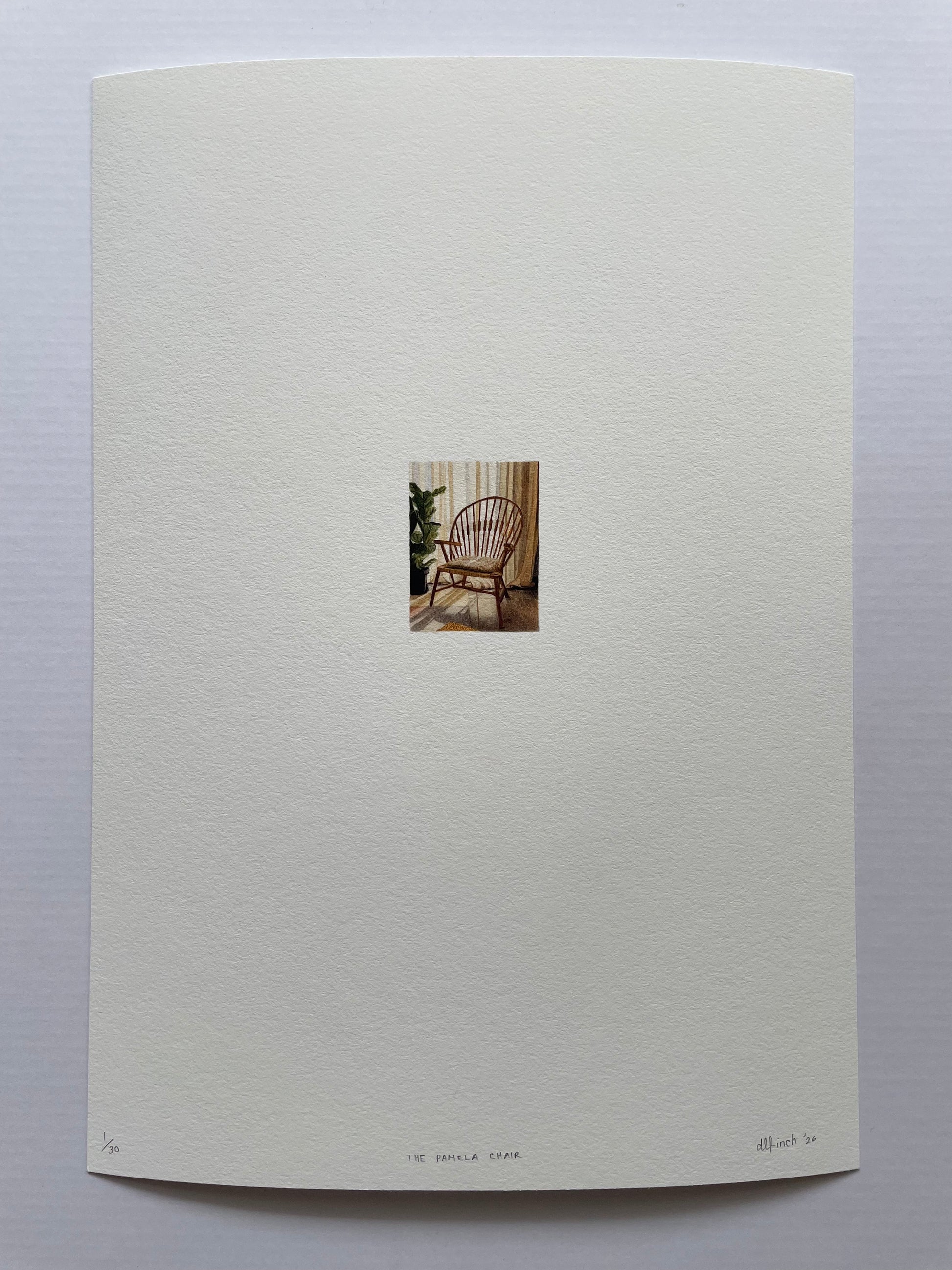 Wooden chair with a cushion in a room with curtains and a plant and sun filtering through print