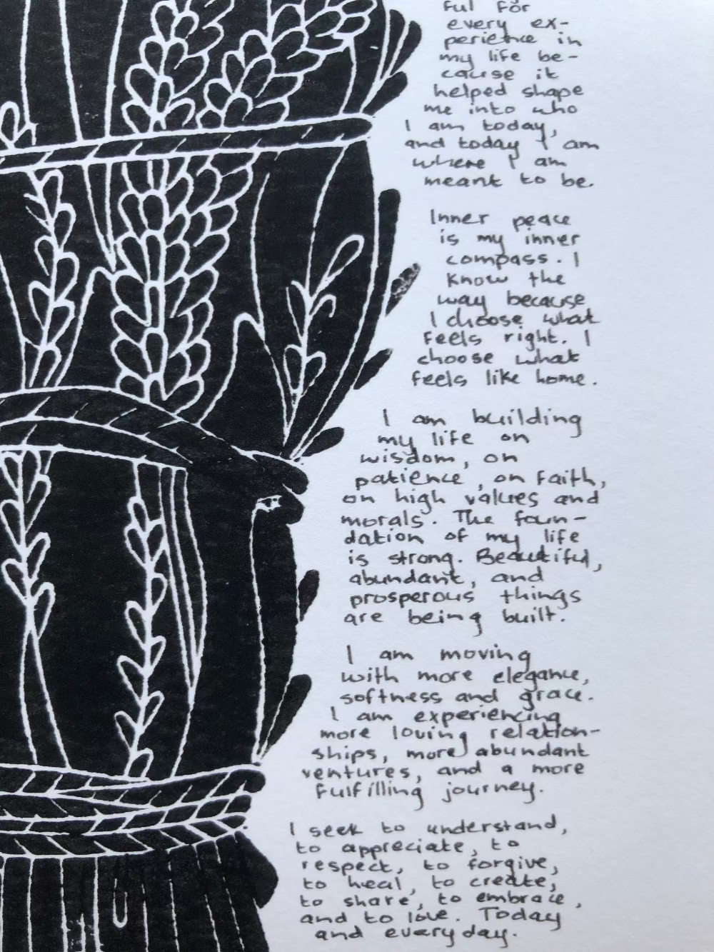 Close up of the lino print as well as some of the written affirmations.