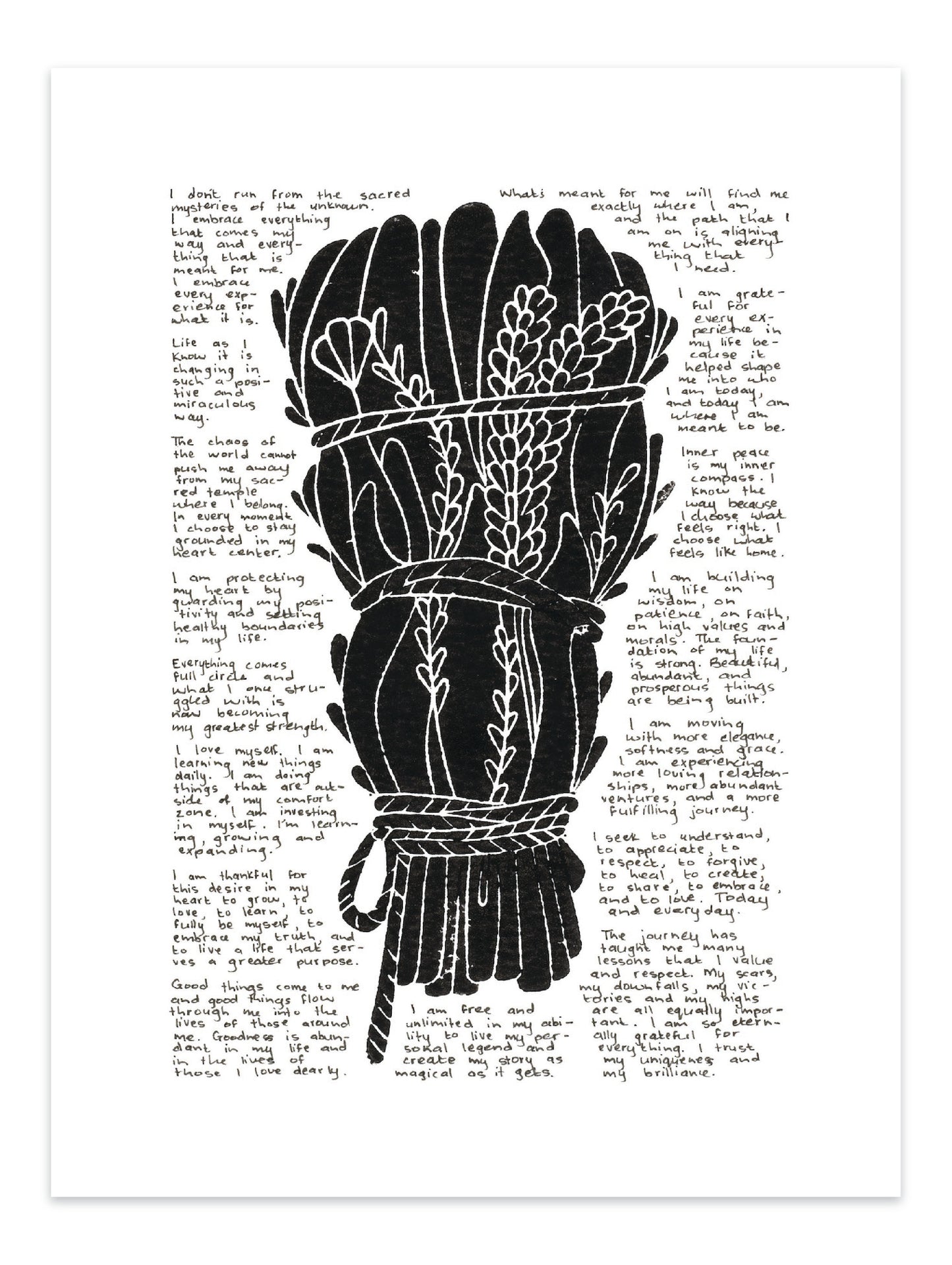 Black lino print of a smudge stick surrounded with tiny handwritten positive affirmations 