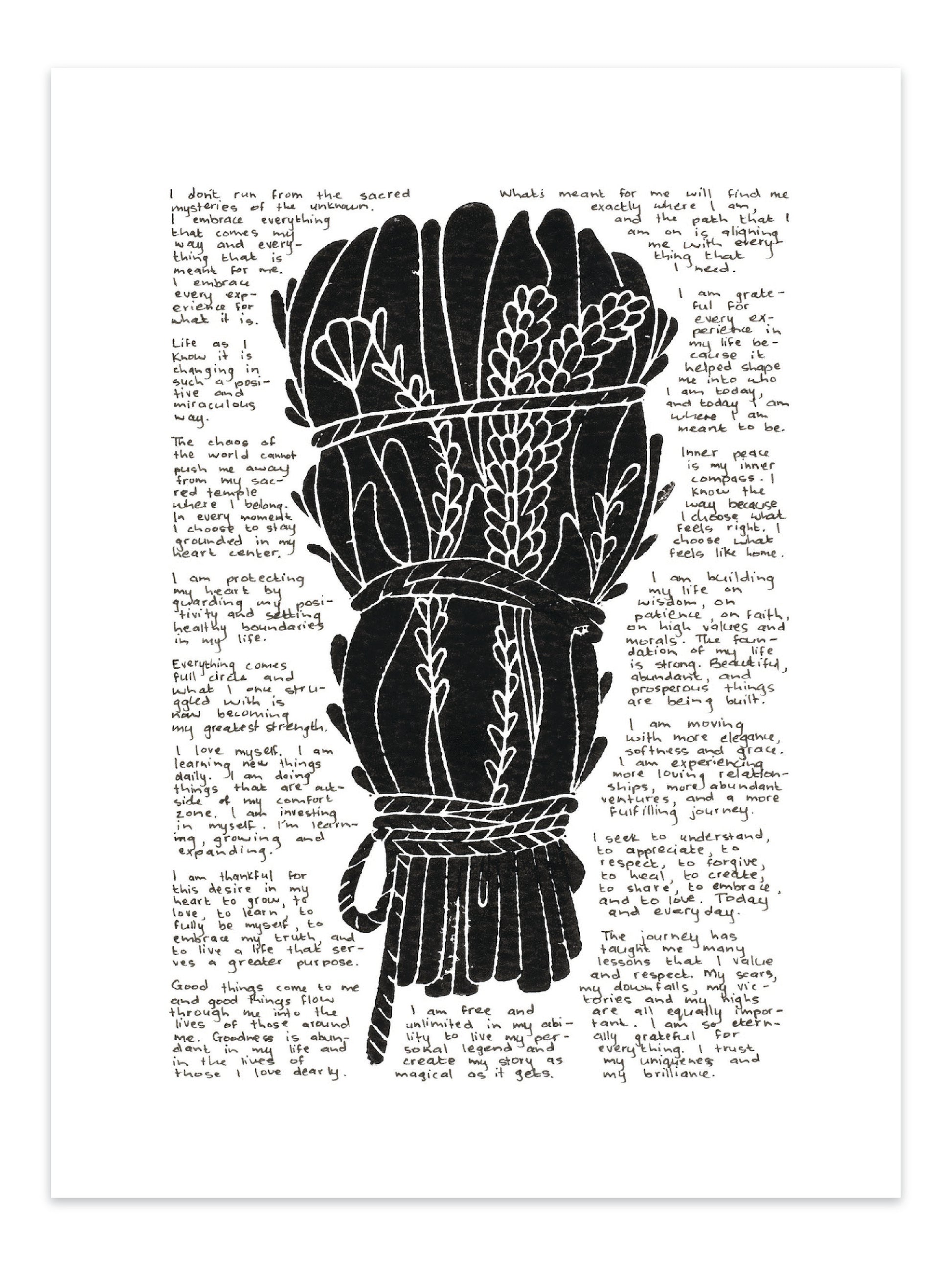 Black lino print of a smudge stick surrounded with tiny handwritten positive affirmations 