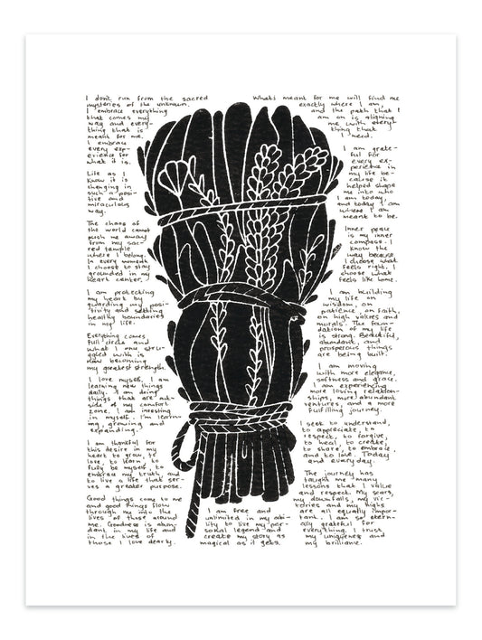 Black lino print of a smudge stick surrounded with tiny handwritten positive affirmations 