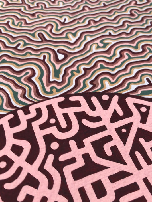 Two distinct abstract patterns in brown and pink on a textured surface.