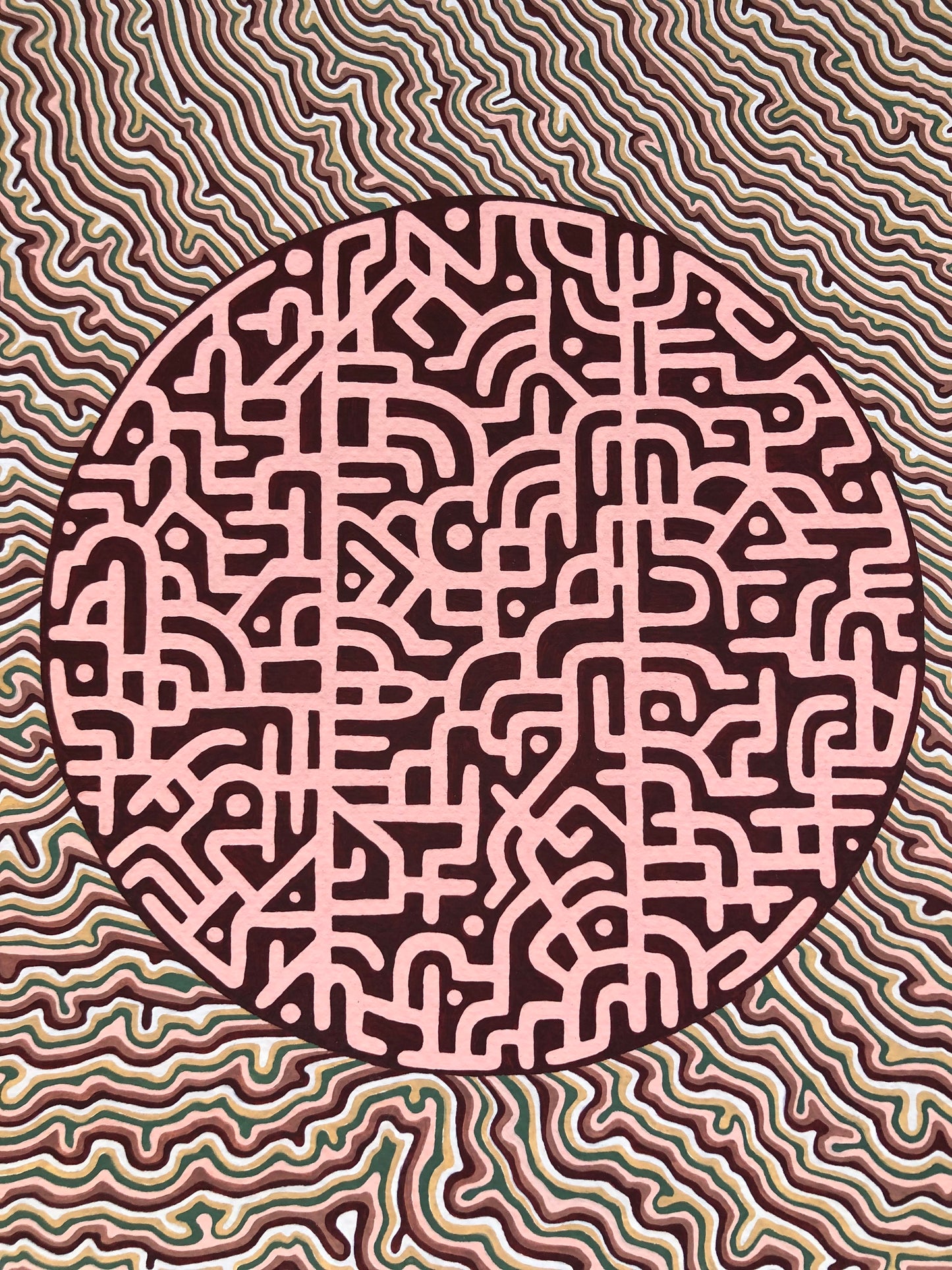 Circular maze-like pattern on a textured background