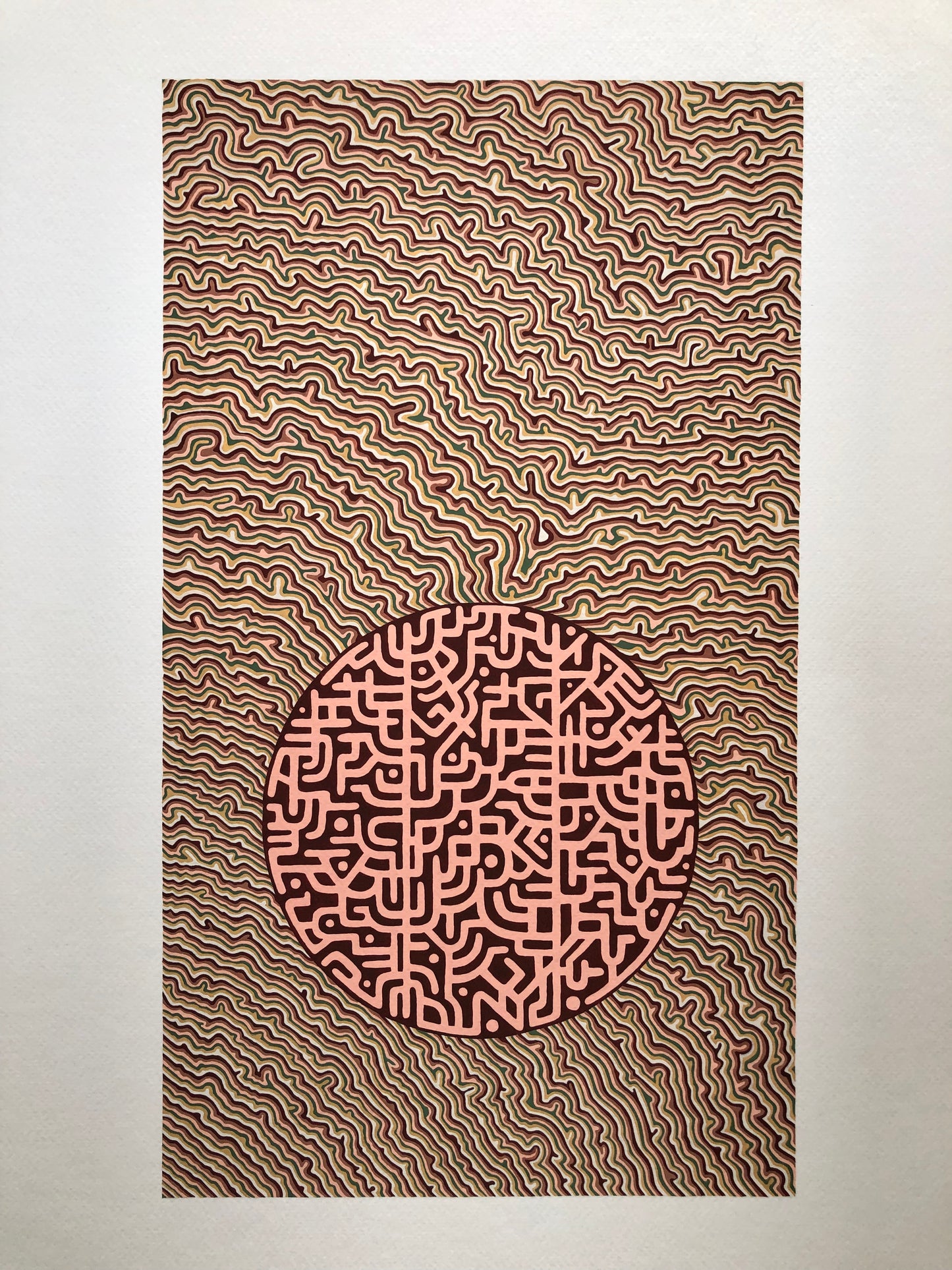 Abstract artwork with wavy lines and a central circular pattern on a beige background